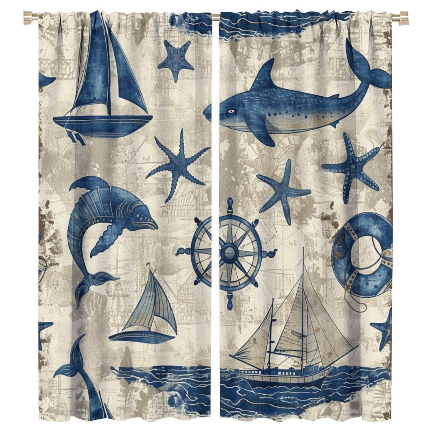 TOWINSFB Compass Sailboat Shark Blackout Curtains, Retro Nautical Ocean Starfish Home Decor Rod Pocket Window Drapes for Living Room Bedroom - 42" W x 45" L
