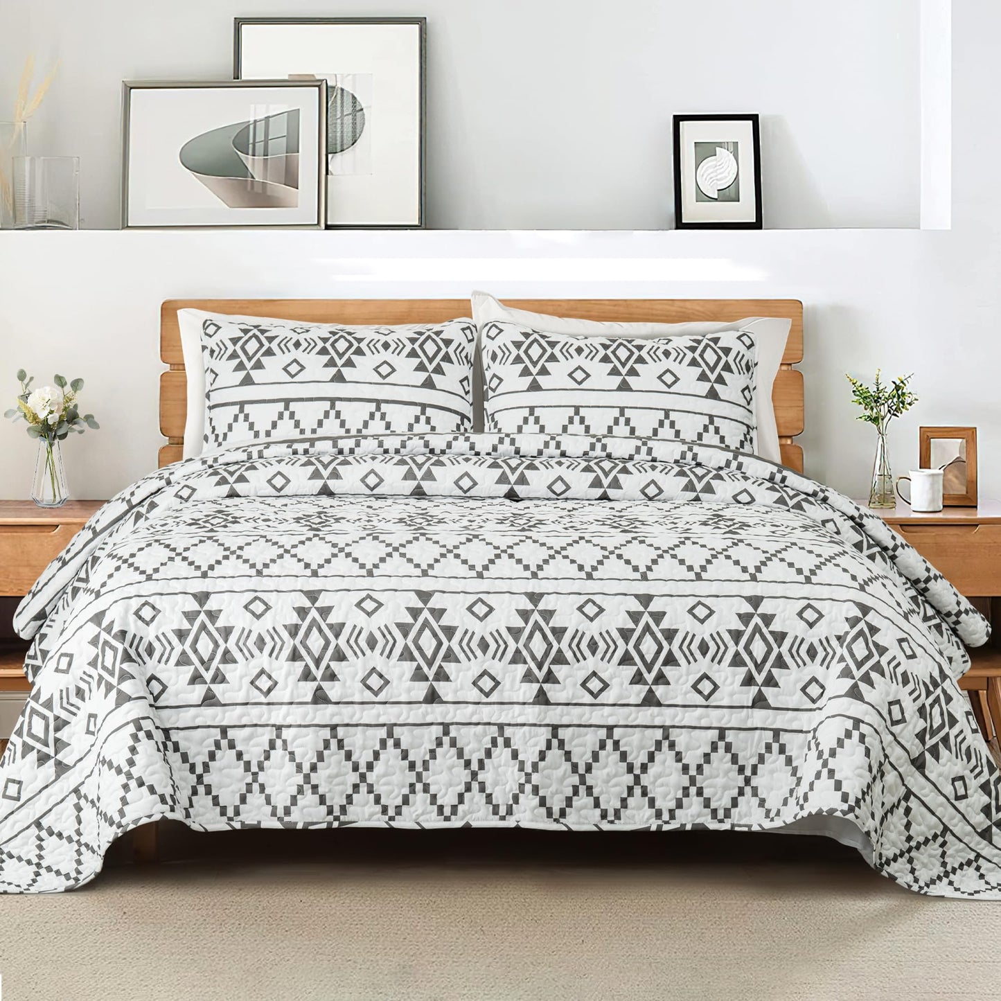 Whale Flotilla Full Queen Size Quilt Set - Reversible White Quilts Queen Size with 2 Pillow Shams, Lightweight Boho Striped Bedspreads Coverlet Bedding Set for All Seasons
