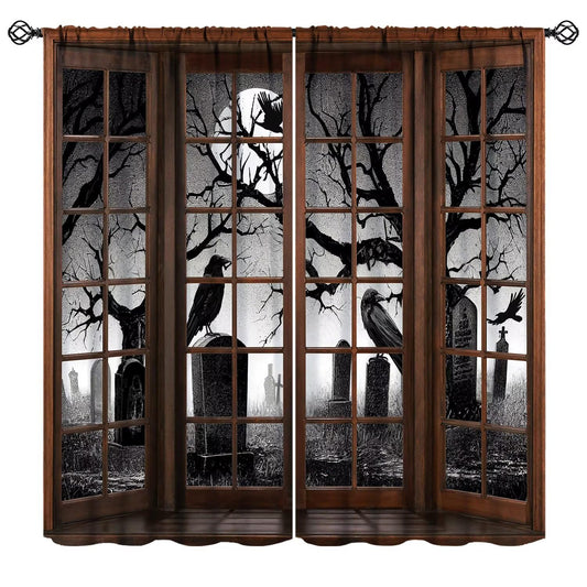 JanJCurt Misty Cemetery Curtains, Halloween Spooky Scary Forest Scenery Gothic Black Crow 3D Print Blackout Window Treatments for Kids Boys Bedroom Livingroom Holiday Decor, 42" W X 45" L