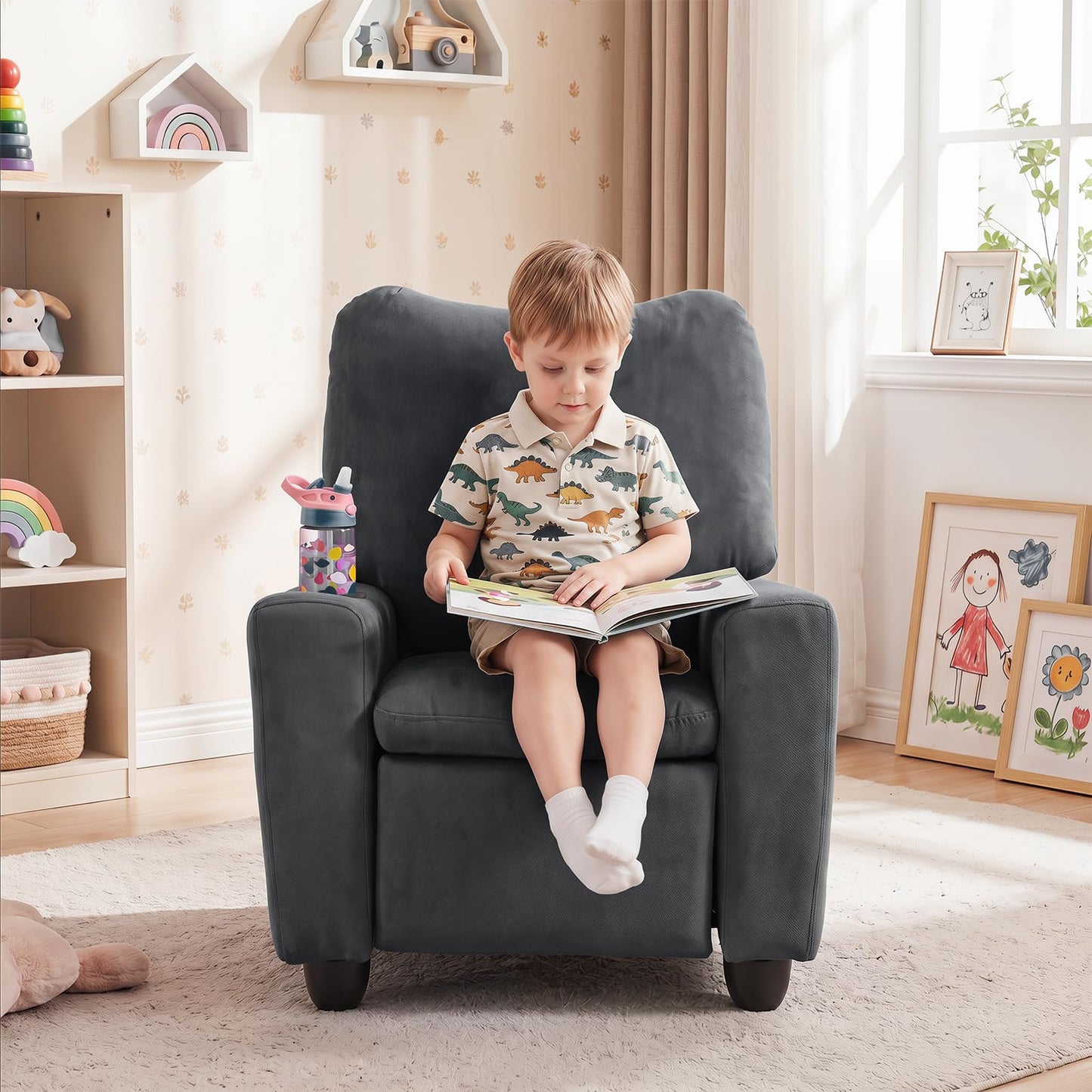 Costzon Kids Recliner Chair with Cup Holder, Toddler Adjustable Lounge Chair w/Footrest for Boys Girls Room, Ergonomic Baby Child Furniture Sofa for Age 3+ Gifts, Kids Mini Recliner up to 150 lbs