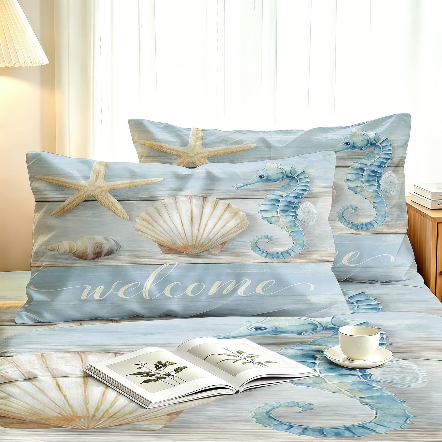 Seahorse and Shell Queen Sheet Set 4 Pcs Rustic Wooden Bed Sheets