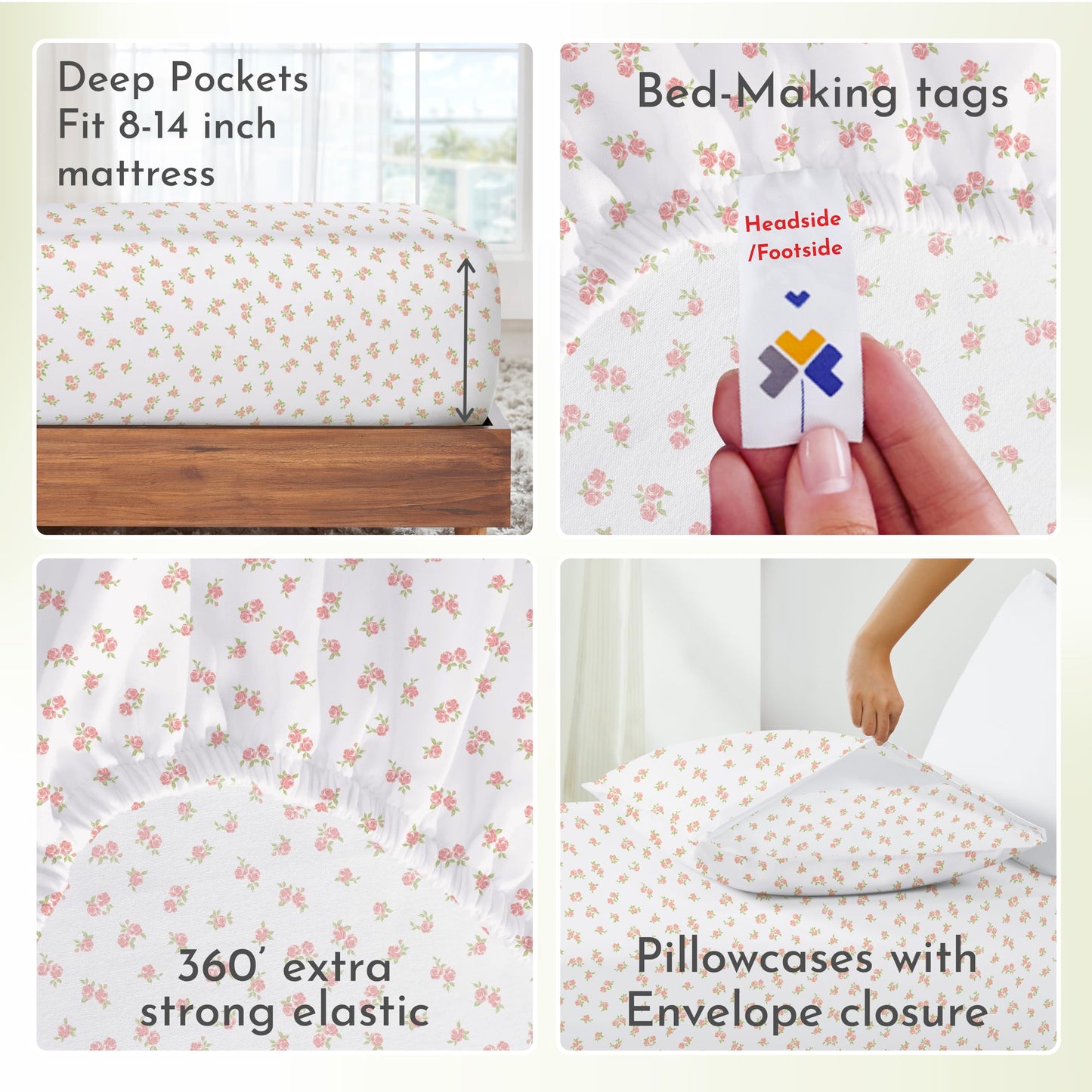California Design Den Floral Pattern Bed Sheet Set Queen Size, 100% Cotton Sateen Deep Pocket Queen Sheets & Pillowcase Set - Chic Floral