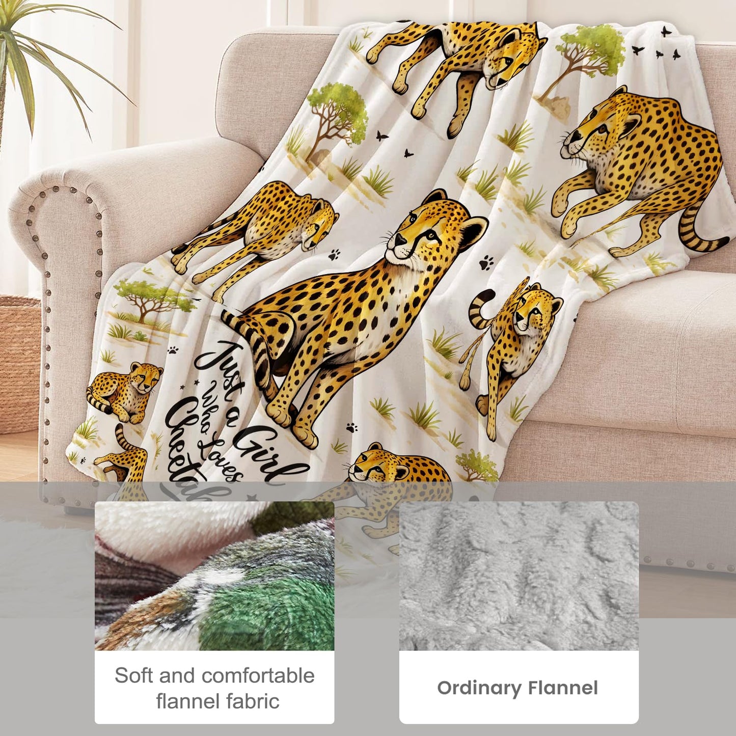cromcu Cheetah Blanket for Women and Adults, Just a Girl Who Loves Cheetah Flannel Blankets, Safari Animal Gifts, Soft Warm Cozy Throws for Sofa Couch Bed Living Room Bedroom Home Decor 60" x 50"