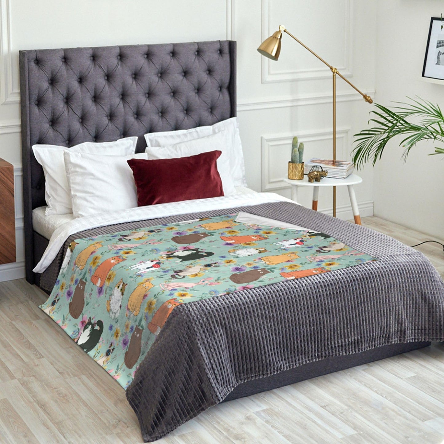 Cute Cat Floral Flannel Blanket Throw Soft Cozy Blanket for Living Room Couch Sofa Bed 50 x 60 Inches