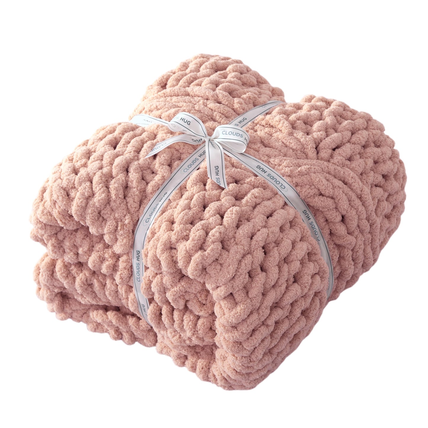CLOUDS HUG Chunky Knit Blanket Throw - 100% Hand Knitted Chunky Soft Throw Blanket for Couch, Thick and Warm Blanket for Winter, Pink, 50x60 Inches