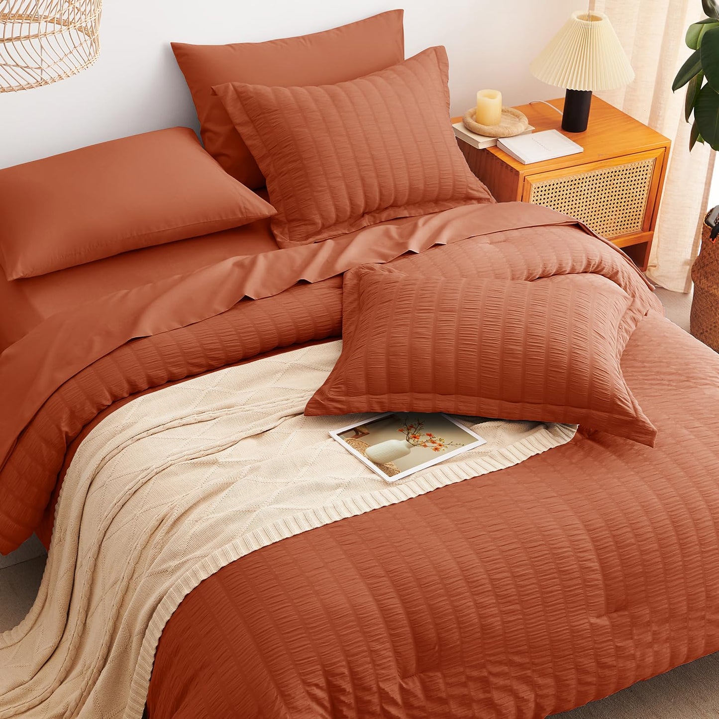 CozyLux Queen Comforter Set Burnt Orange, 7 Pieces Seersucker Textured Luxury Bed in a Bag, Terracotta All Seasons Bedding Sets with Down Alternative Comforter, Sheets, Pillowcases & Shams, Home Gift