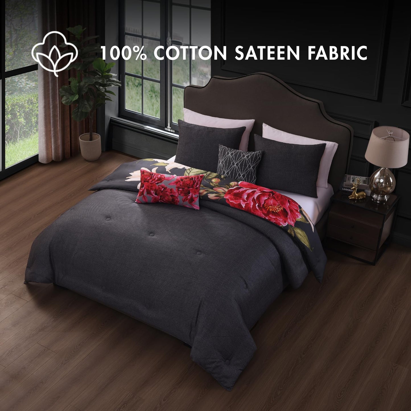 Bebejan Flower Garland 5 Piece Comforter Set, 100% Cotton Sateen, 220 Thread Count, Grey Reversible Bedding Comforter Set, 1 Comforter, 2 Shams & 2 Pillows (King/Cal King)