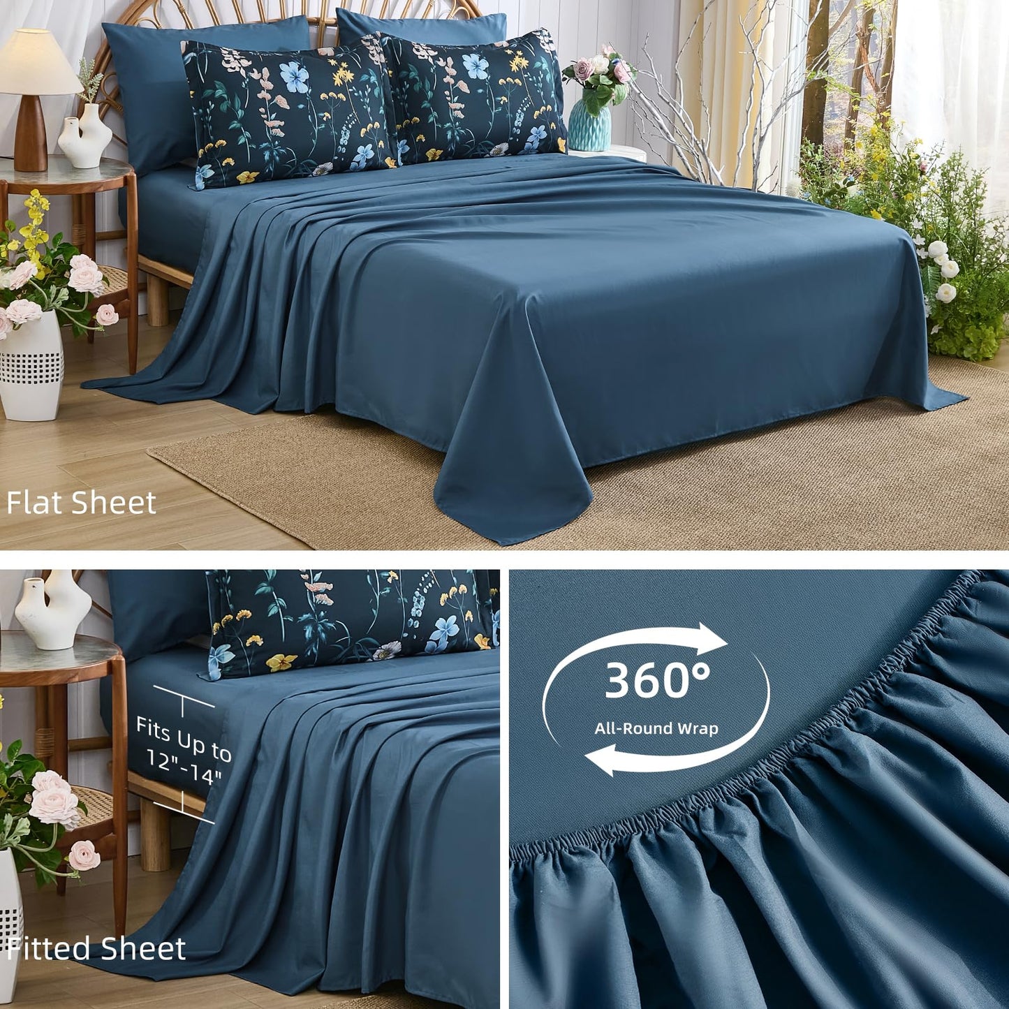 DJY Comforter Set King Size,Teal Blue Floral Bedding Comforter Sets,7 Pieces Bed in a Bag Lightweight Botanical Comforter Set with Sheets Pillowcases & Shams for All Seasons