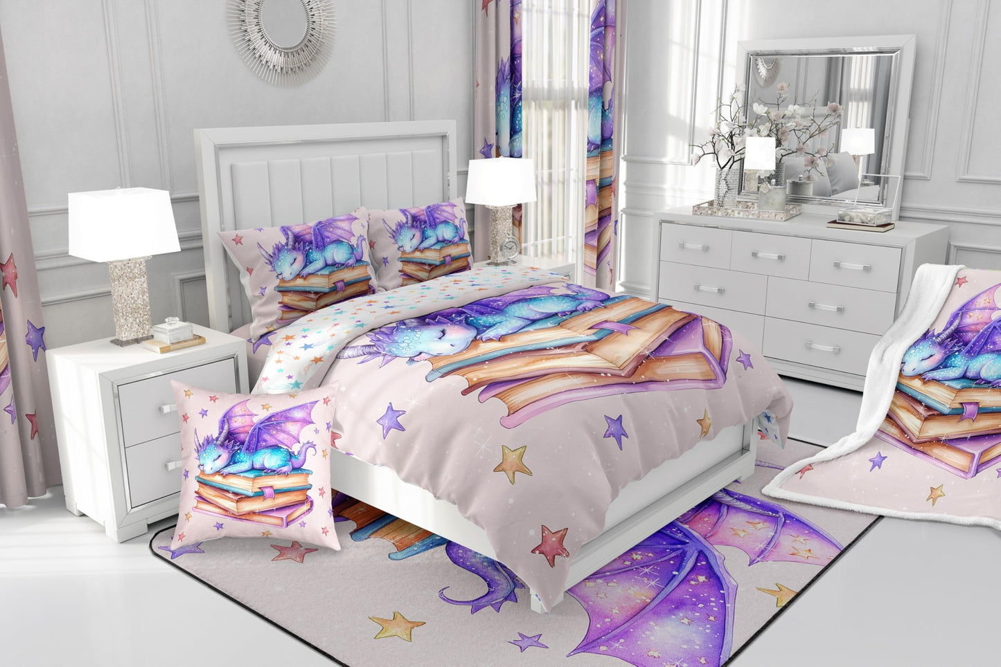 Castle Fairy Blue Purple Dragon Comforter Toddler,Dreamy Cartoon Starry Sky Quilt Comforter with 1 Pillowcase,3D Dragon Wildlife Glittering Stars Pattern Bedding Set Comfortable,Soft and Breathable