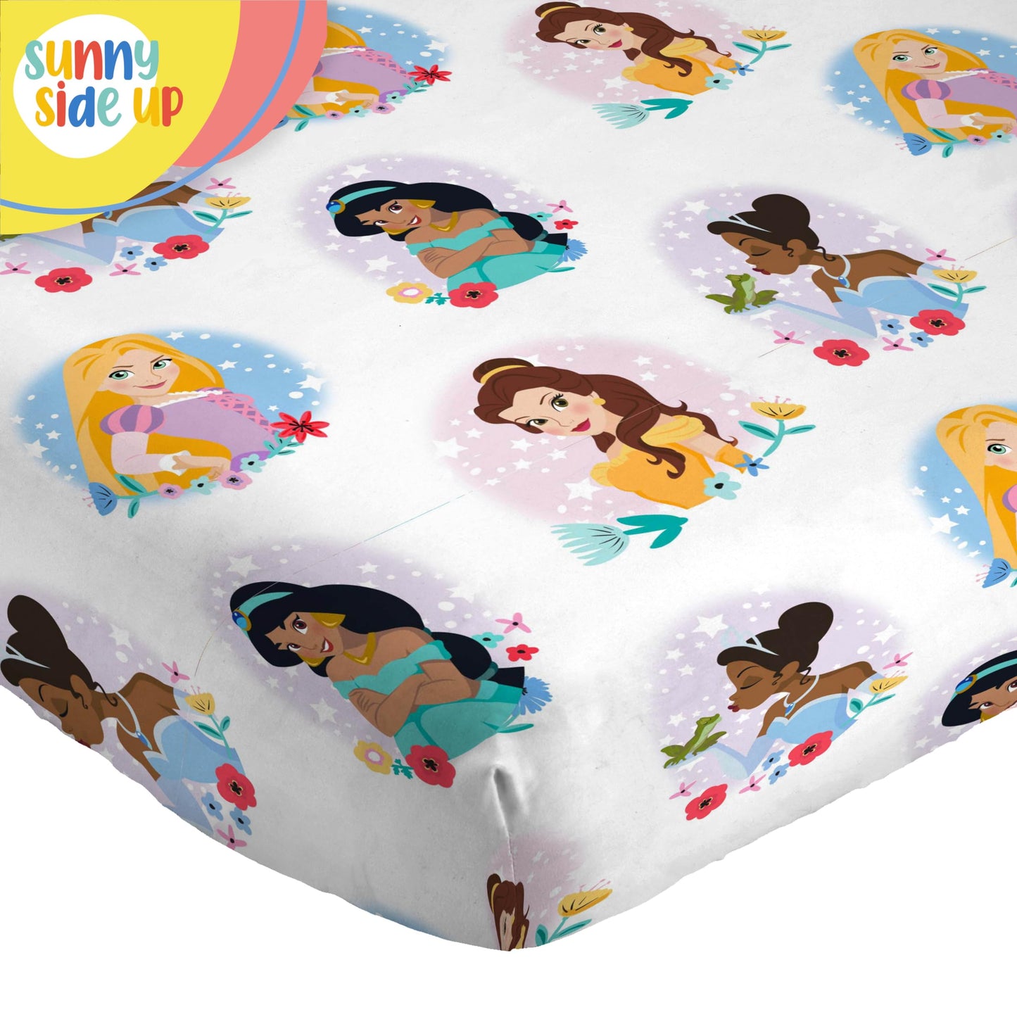 Sunny Side Up Disney Princess Twin Sheet Set - 3 Piece Kids Bedding Set Includes Pillow Cover – Super Soft Rainbow Microfiber Sheets Features Moana, Belle & Rapunzel