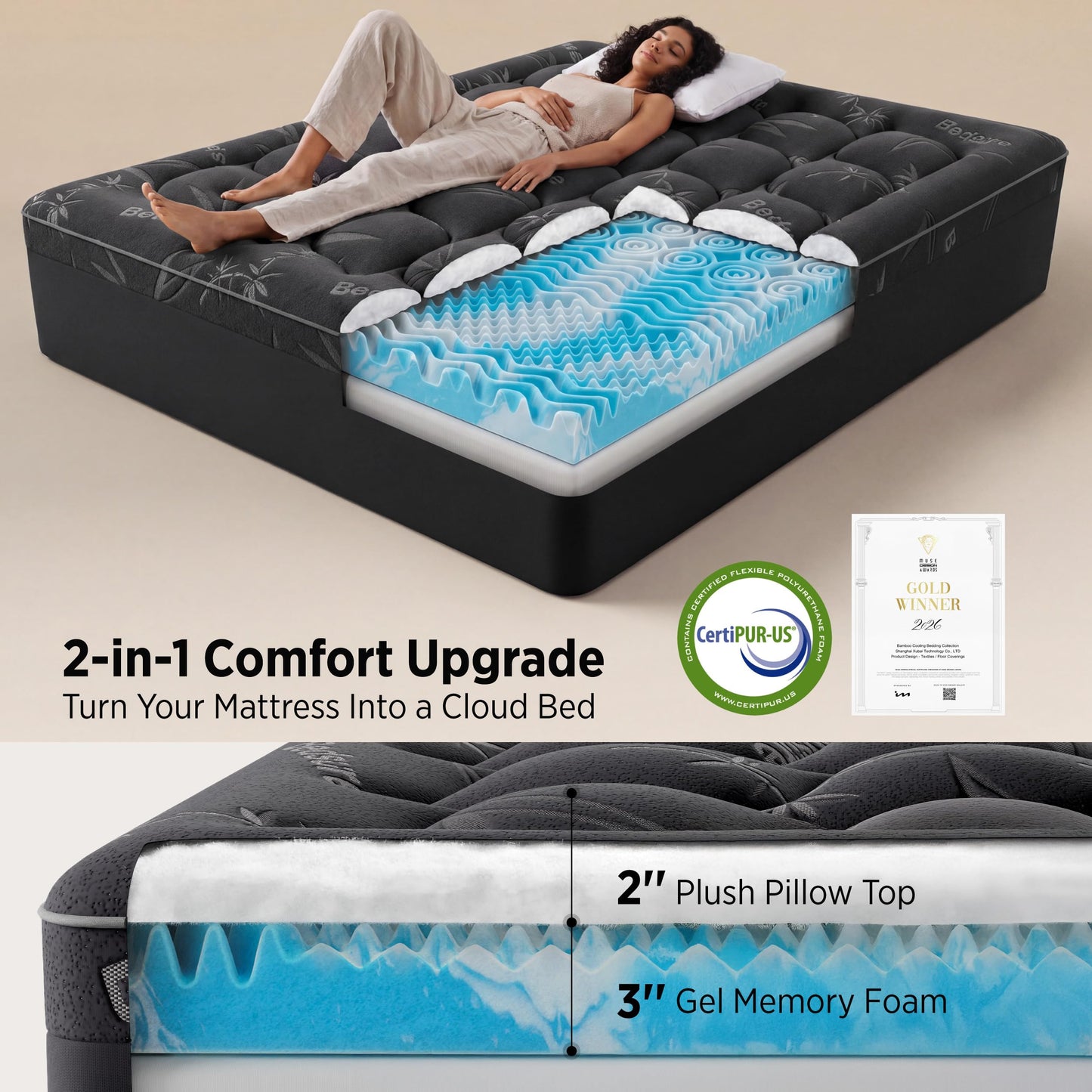 Bedsure Dual-Layer 5 Inch Memory Foam Mattress Topper Twin XL, 3 Inch Memory Foam + 2 Inch Viscose Made from Bamboo Mattress Topper Pad Cover, Breathable & Pressure Relief, Black