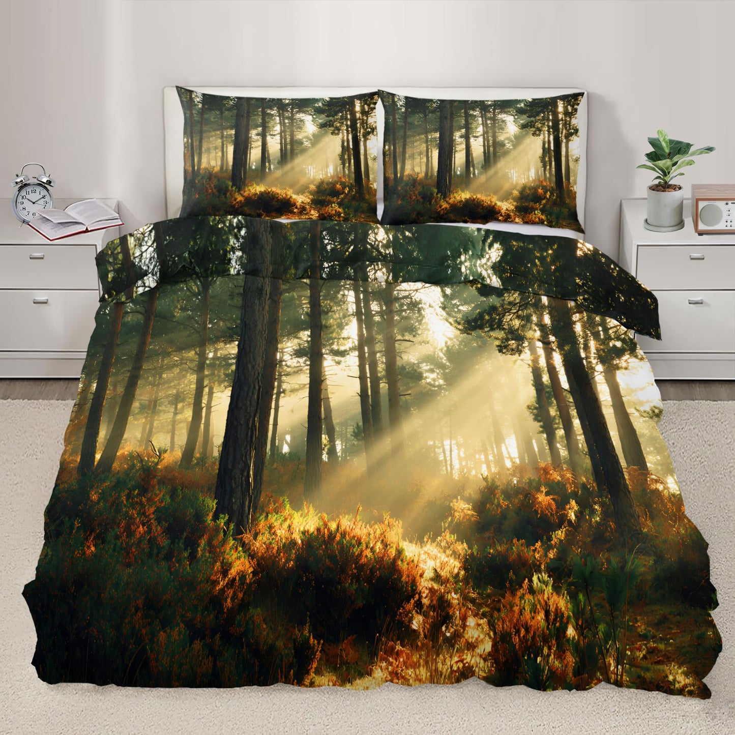 Forest Comforter Cover Full Size 80" x 90", Sunshine Forest Duvet Cover, Natural Woodland Tree Bedding Set with 2 Pillowcases