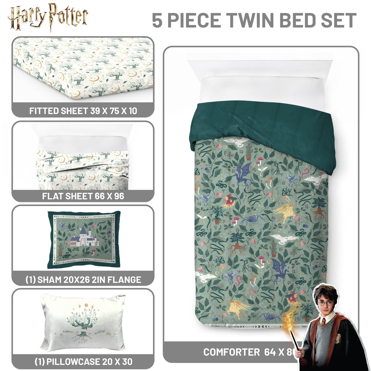 Jay Franco Kids Comforter Set Includes Sheets and Pillow Covers - Soft and Cozy Bed Set for Stylish Room Decor, Official Licensed Product, Green - Harry Potter, 5 Piece Twin