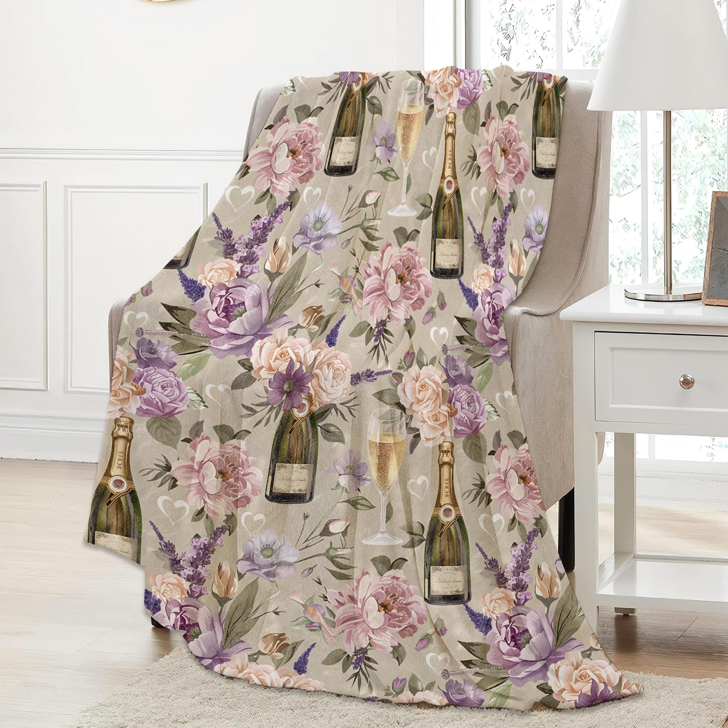 Aonimonis Floral and Champagne Throw Blanket Gifts for Women, Soft Fuzzy Warm Cozy Flannel Blankets for Bedroom, Travel, Couch, Home Decor 50x60 in