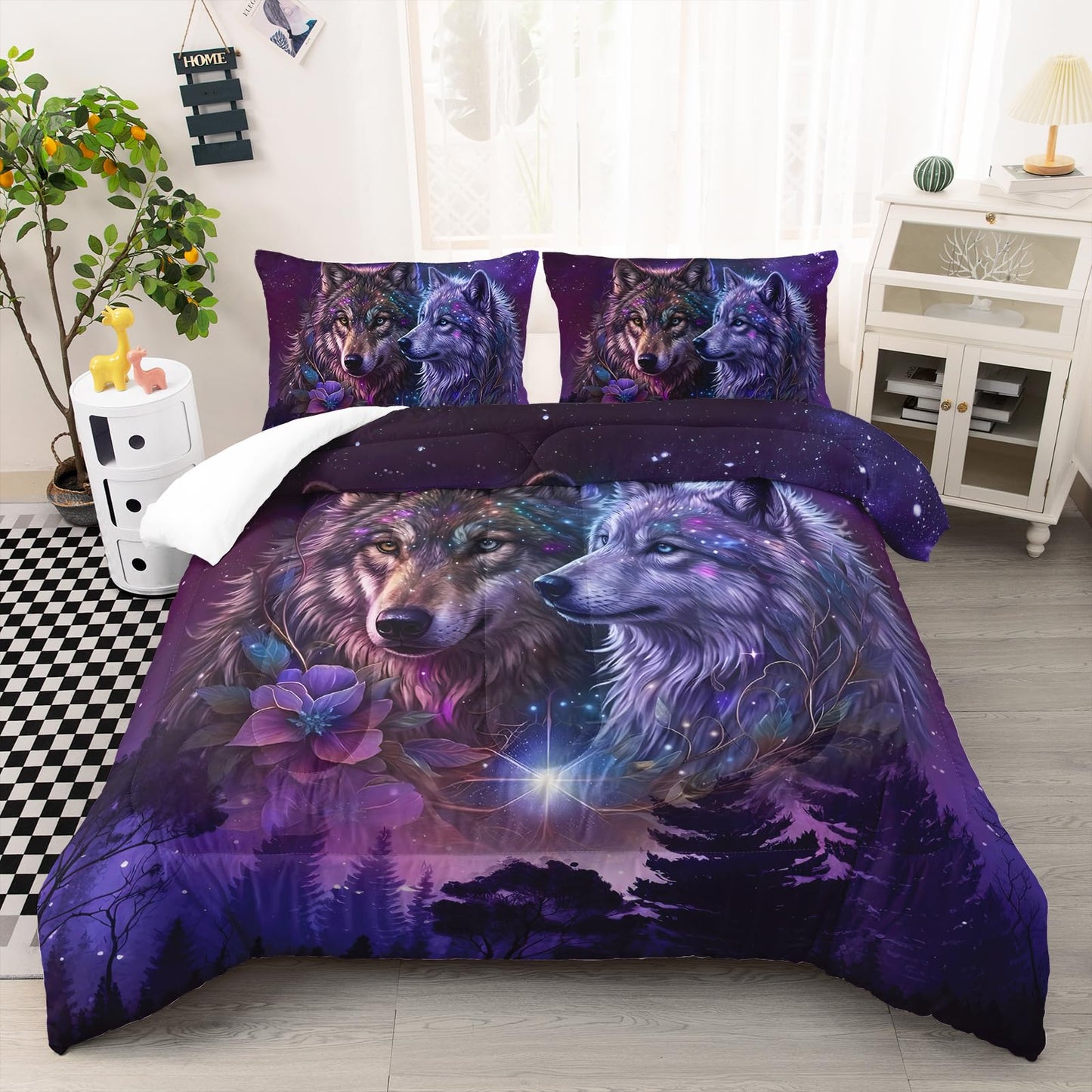 AILONEN Wolf Comforter Set Queen Size - 3Pcs Purple Starry Night Galaxy Bedding for Boys Men, Wild Animals Print Duvet with 2 Pillowcases