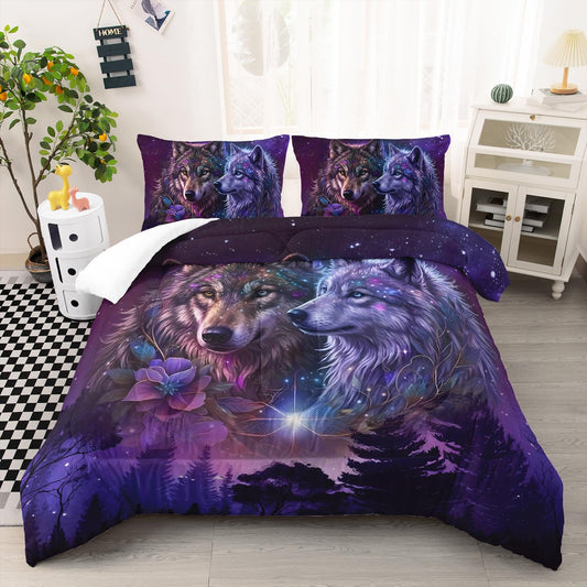 AILONEN Wolf Comforter Set Queen Size - 3Pcs Purple Starry Night Galaxy Bedding for Boys Men, Wild Animals Print Duvet with 2 Pillowcases