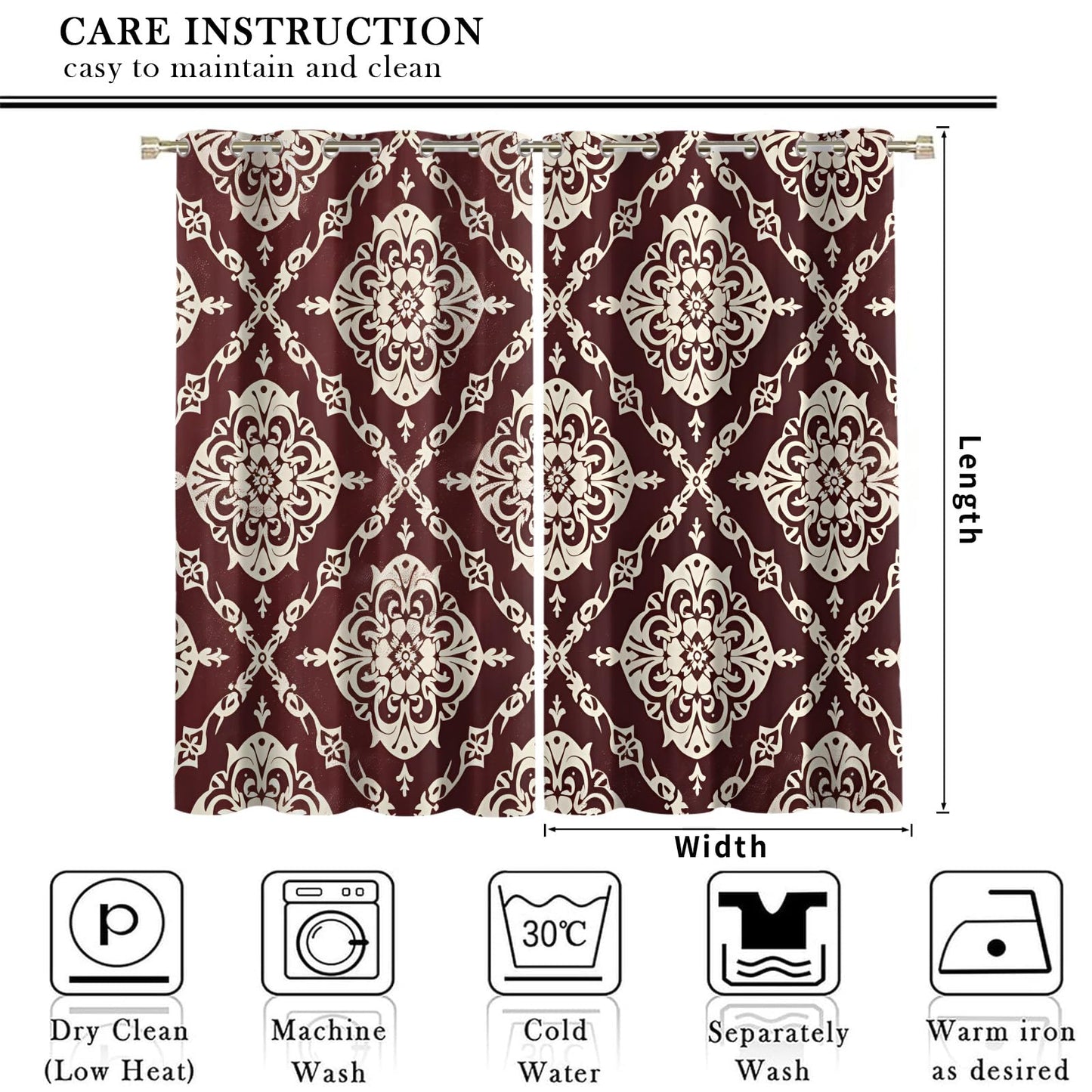 XAFIAUR Floral Blackout Curtains Traditional Patterns Print Curtain, Rhombus Art Drapes for Kids Bedroom Play Room 2 Panels Darkening Grommets Window Treatment 31.5" W x 63" L x2