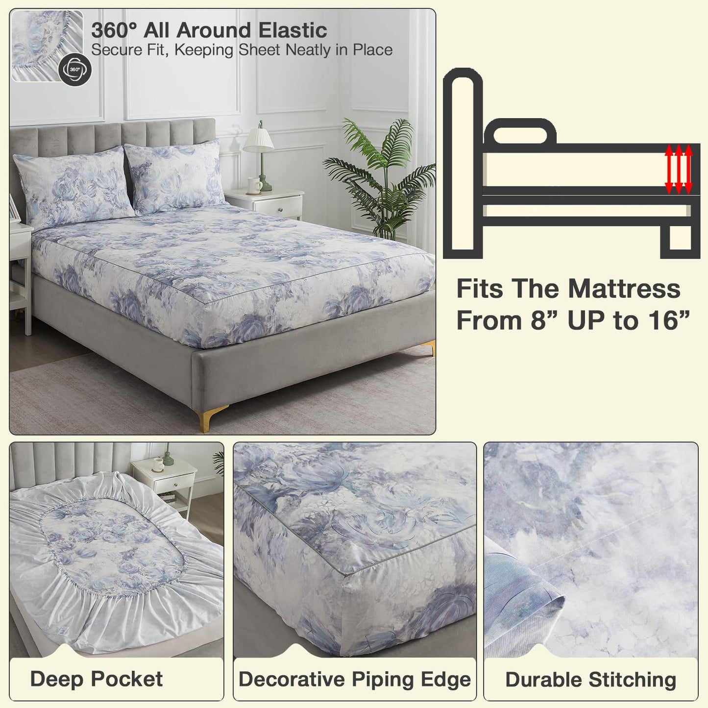 Puralens Blue Floral Cozy House Percale Sheets Queen, 100% Cotton White Flower Deep Pocket Vintage Sheet Set, Abstract Aesthetic Soft Crisp Toile Bed Sheets, Shabby Chic Farmhouse Bedding, 4Pcs