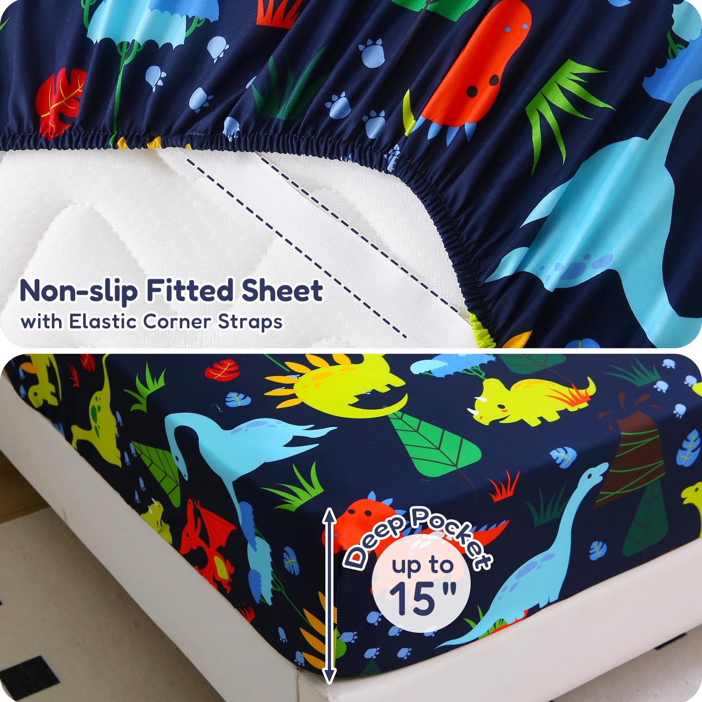 Softan Kids Twin Sheets Set, 3 Piece Dinosaur Bedding Set for Boys, Soft Breathable Microfiber with 15" Deep Pocket, Fitted Flat Sheet & Pillowcase