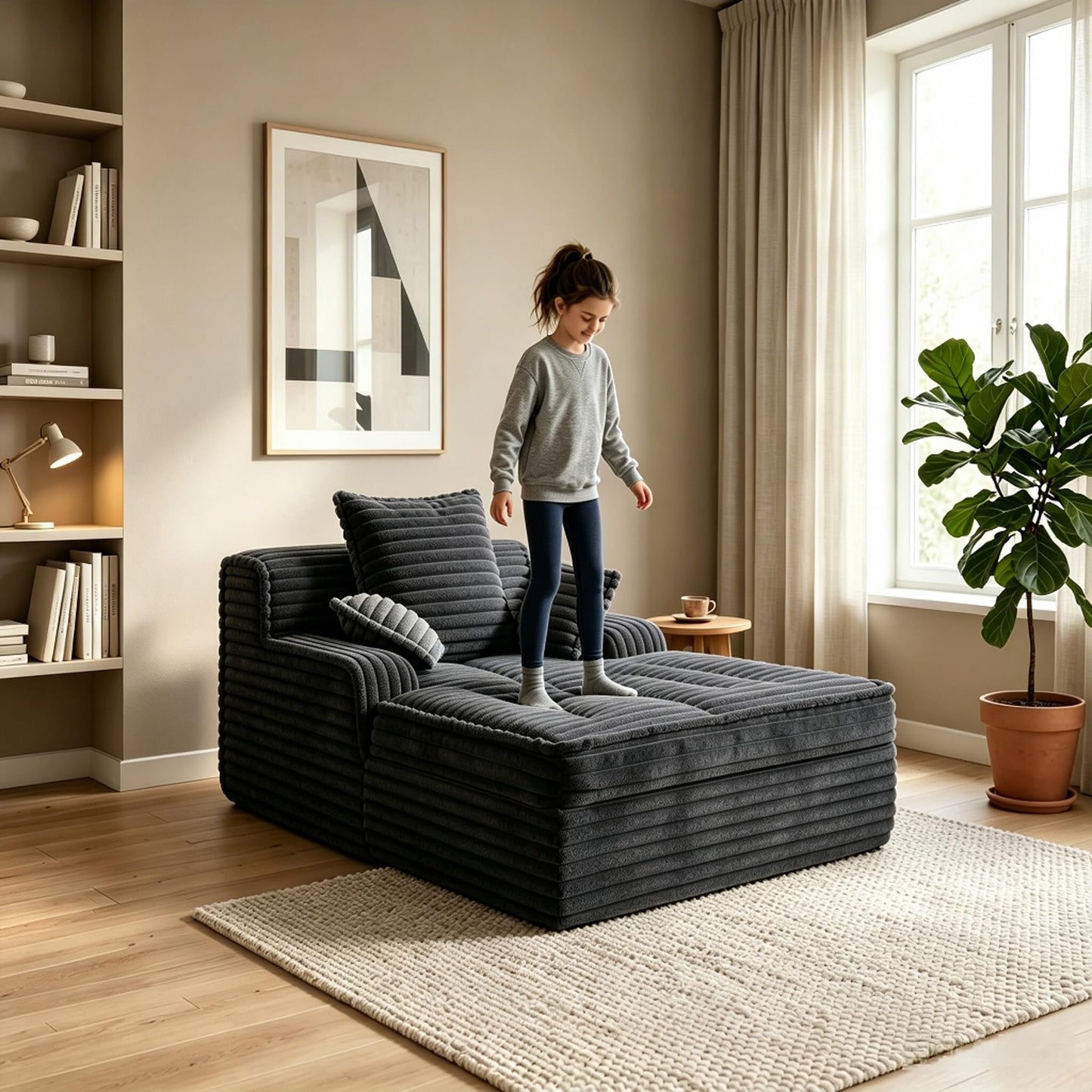 Ziydily 57 Inch Chaise Lounge Chair Indoor, Corduroy Upholstered Boneless Sofa Bed, Deep Seat Sleeper Couch Reading Chairs, Small Comfy Cloud Sofas Couches for Living Room, Bedroom, Grey