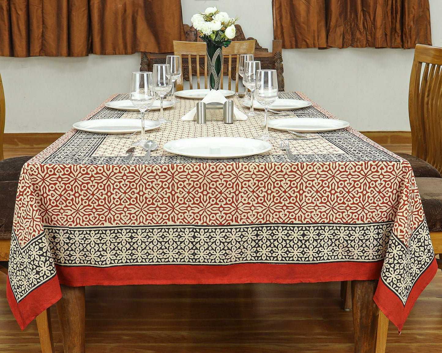 60x60 Inches Square Hand Block Printed Cotton Tablecloth, Red Black Floral Table Cloths Washable, Indian Table Linen for Outdoor Thanksgiving Gifts Home Decor Dinning Outdoor