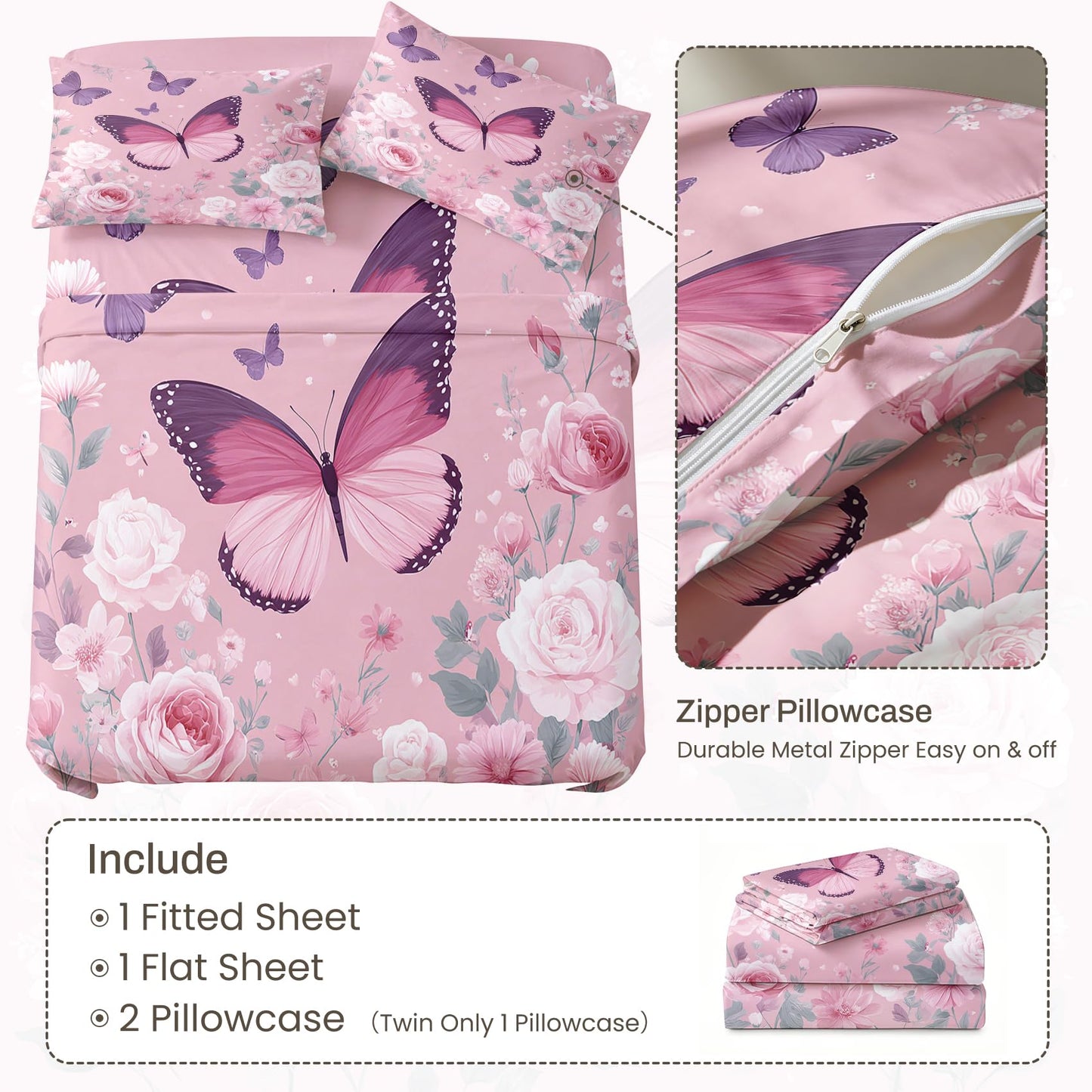 Pink Rose Bedding Set 4 Pcs Girls Butterfly Queen Sheets
