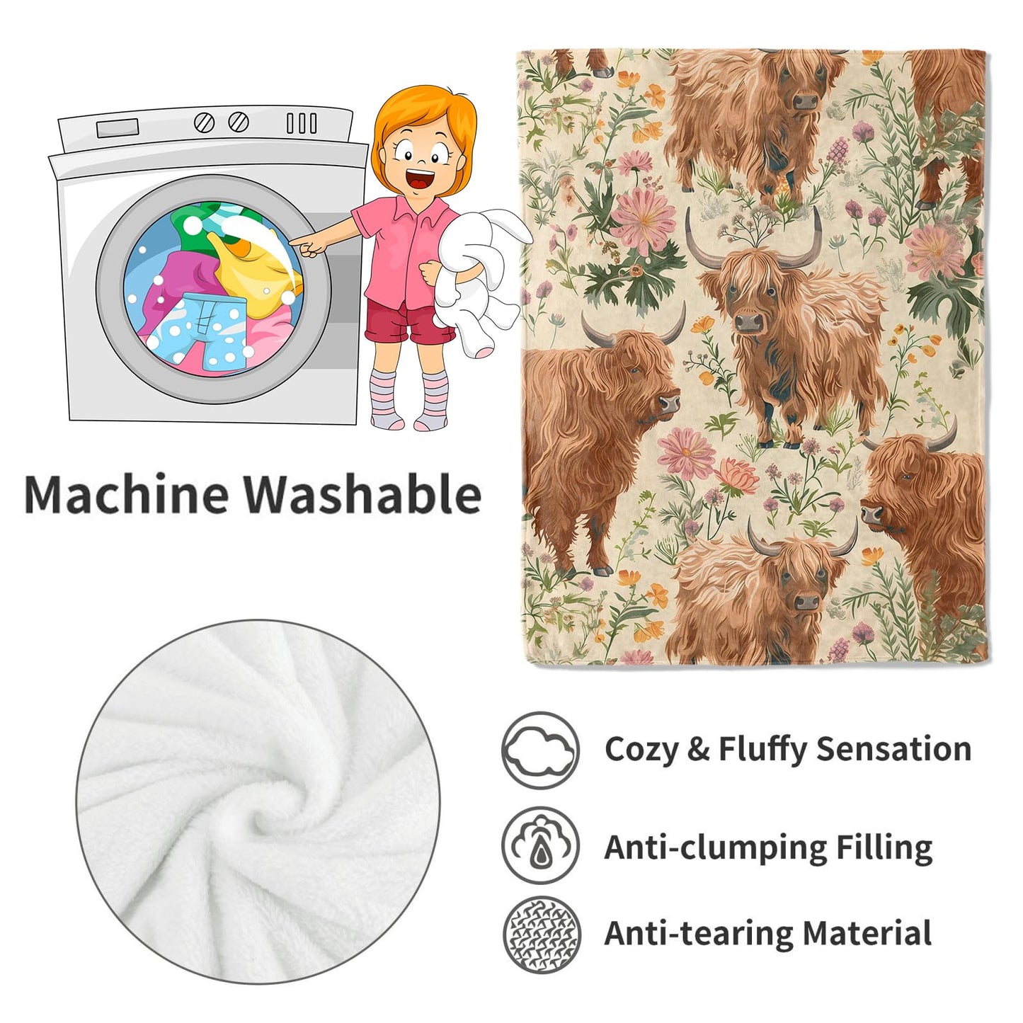 VODRM Cute Highland Cow Blanket Adorable Cows Throw Blankets with Wildflower,Birthday Gifts for Kids Adult Women & Animal Lovers,Lightweight Soft Fleece,for Sofa Couch Bed Room Rustic Decor 50x60in