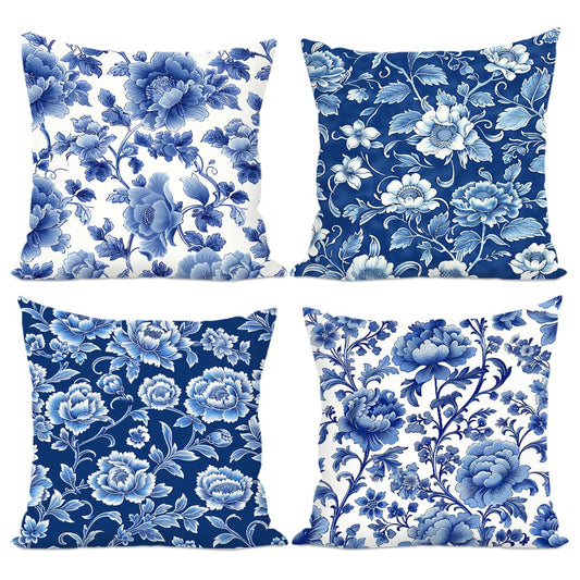 4 Pcs Blue and White Porcelain Floral Pillow Covers 18x18 in Vintage Chinoiserie Couch Blue Throw Pillow Covers Modern Decorative Square Throw Pillows for Living Room Cushion Chinoiserie Decor
