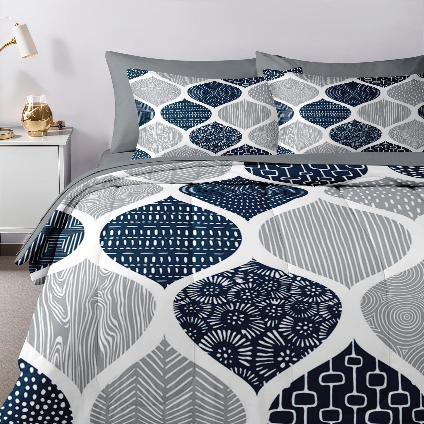 Nesker Comforter Set Queen Size, Boho Bohemian Abstract Blue Gray 7 Pcs Bedding for Kids and Adults, Indigo Geometry Grey Bed Sheet Sets with Fitted Sheet 2 Pillowcases & 2 Shams