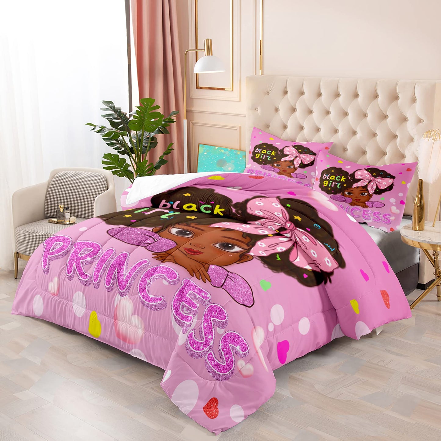 Jiospet Black Girl Full Size Comforter Sets for Girls-Black African Girls Bedding Sets Pink Princess Full Size Comforters Sets Kids Room, Full (1 Comforter 2 Pillowcases)