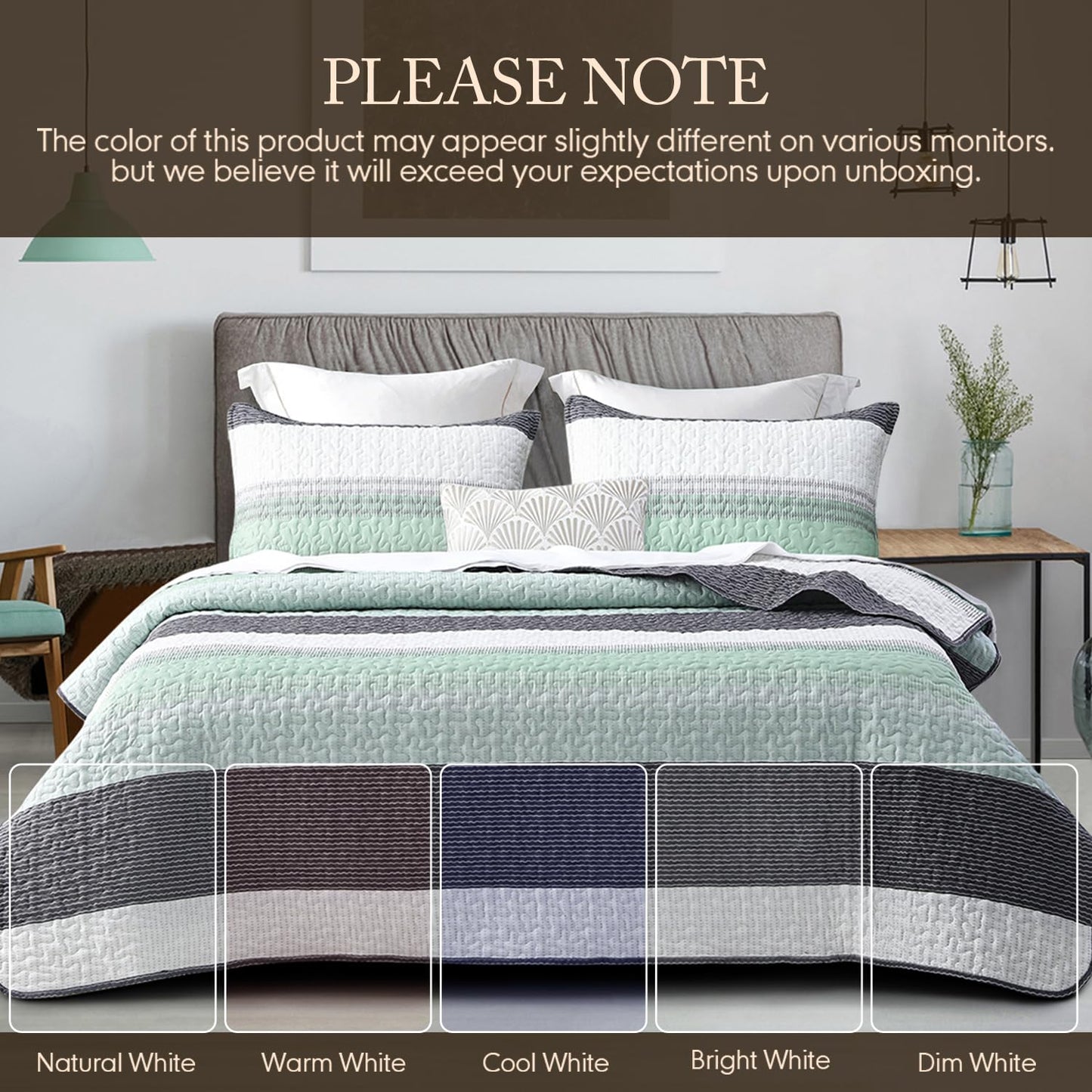 DURLENGEN Quilt Set King Size 3Pcs,Soft Microfiber Lightweight Bedspread,White & Green Striped Geometric Pattern Coverlet for All Season Layering(King 106x96,Mint Green)