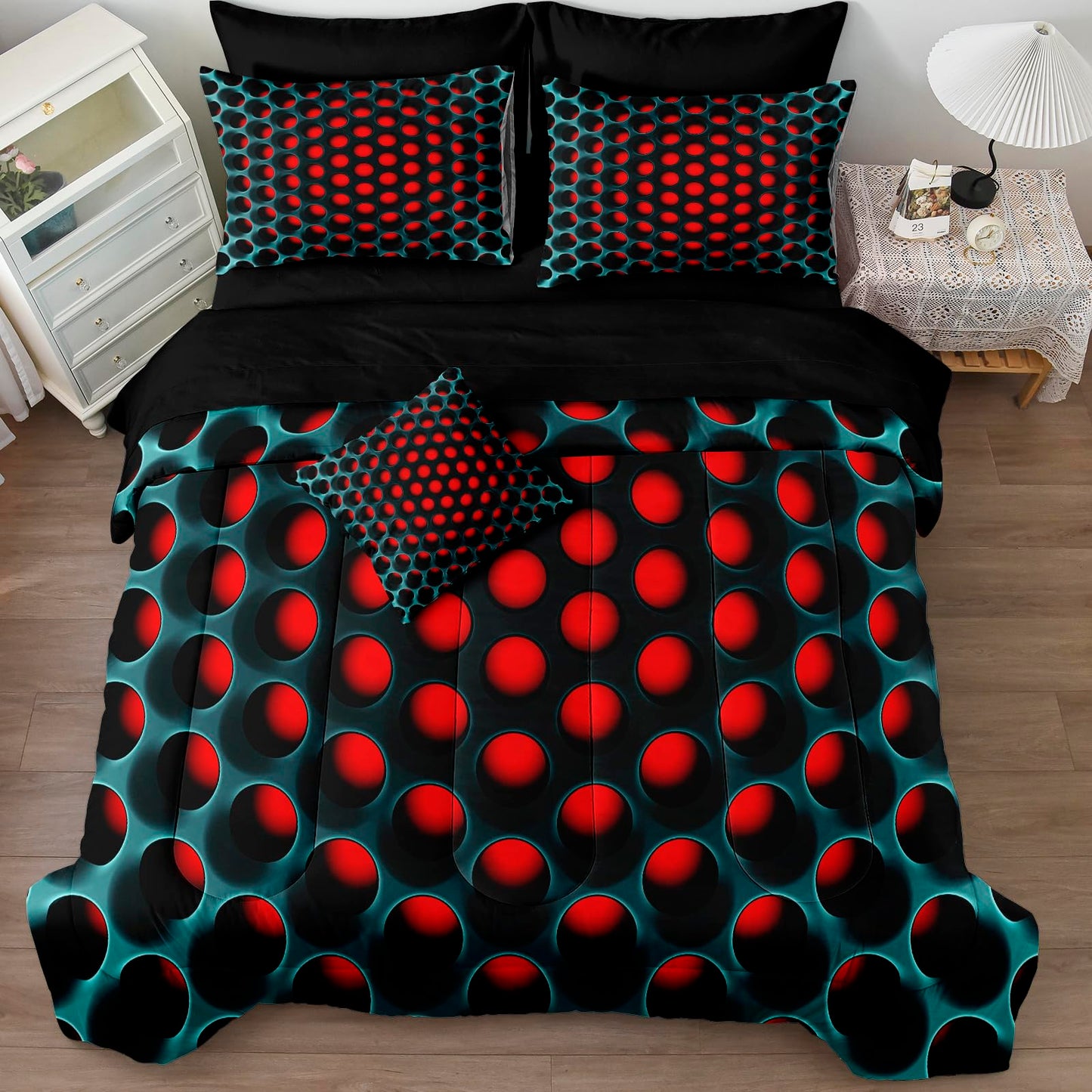 Bedbay Stereoscopic Bedding Set Red Green Honeycomb Queen Comforter Set 8 Pcs Geometric Bed Set with Sheets Colorful Neon Grid Bedding Quilt Set Soft Lightweight Queen Bed in a Bag for All Seasons
