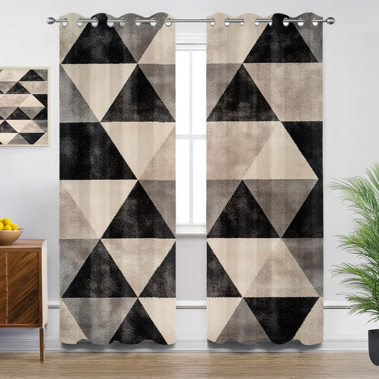 Solvivae Modern Blackout Curtains for Bedroom Living Room, Black Beige Retro Geometric Patterned Window Treatments, Room Darkening Thermal Insulated Grommet Drapes, 84 Inch Curtains 2 Panel Set