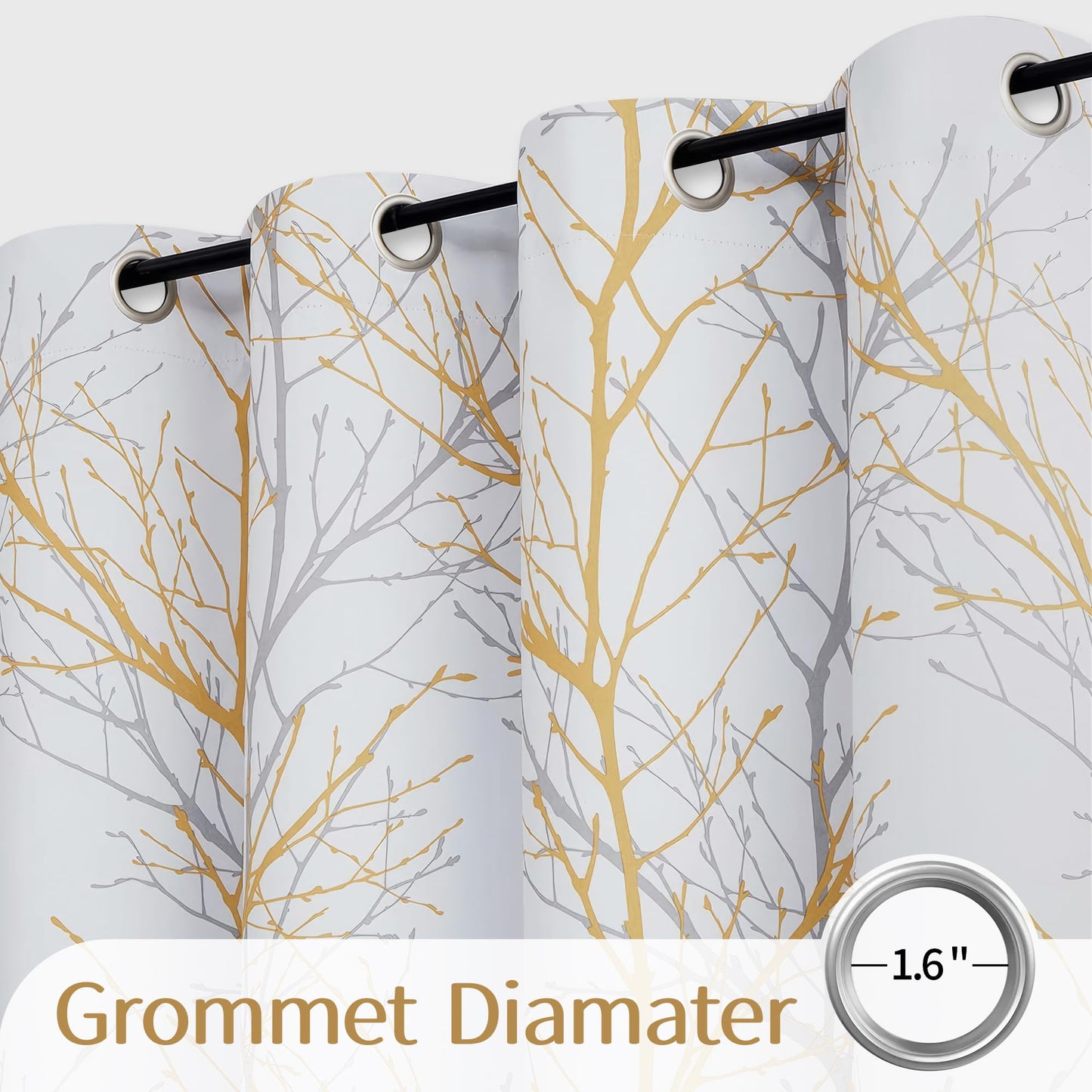 FMFUNCTEX 100% Blackout Yellow on White Tree Curtains for Bedroom, Curtains 84 Inches Long Branch Curtain Panels for Living Room, Room Darkening Thermal Insulated Window Drapes, Grommet Top 2 Panels