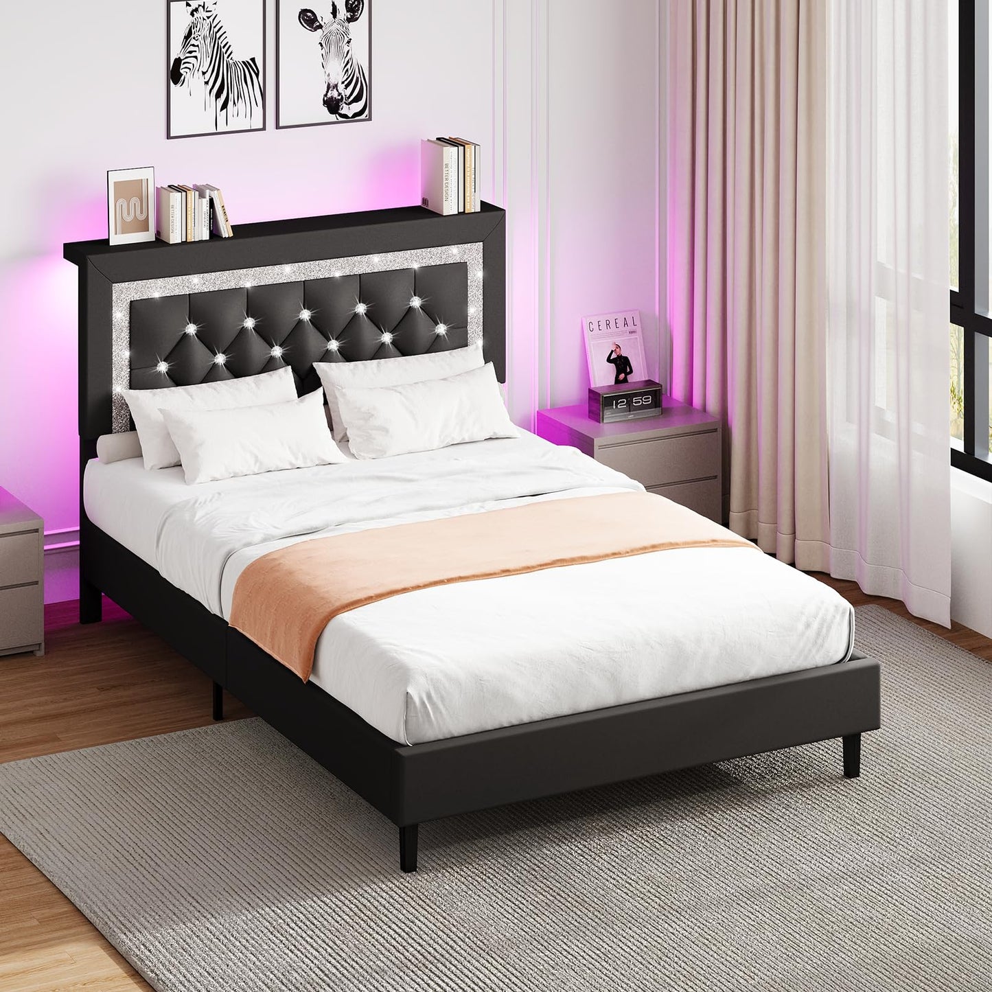 Twin Bed Frame with Storage Headboard, Upholstered Platform Bed Frame with Diamond Tufted Headboard and LED Lights, Wooden Slats Support, Noise Free, No Box Spring Needed, Easy Assembly, Black