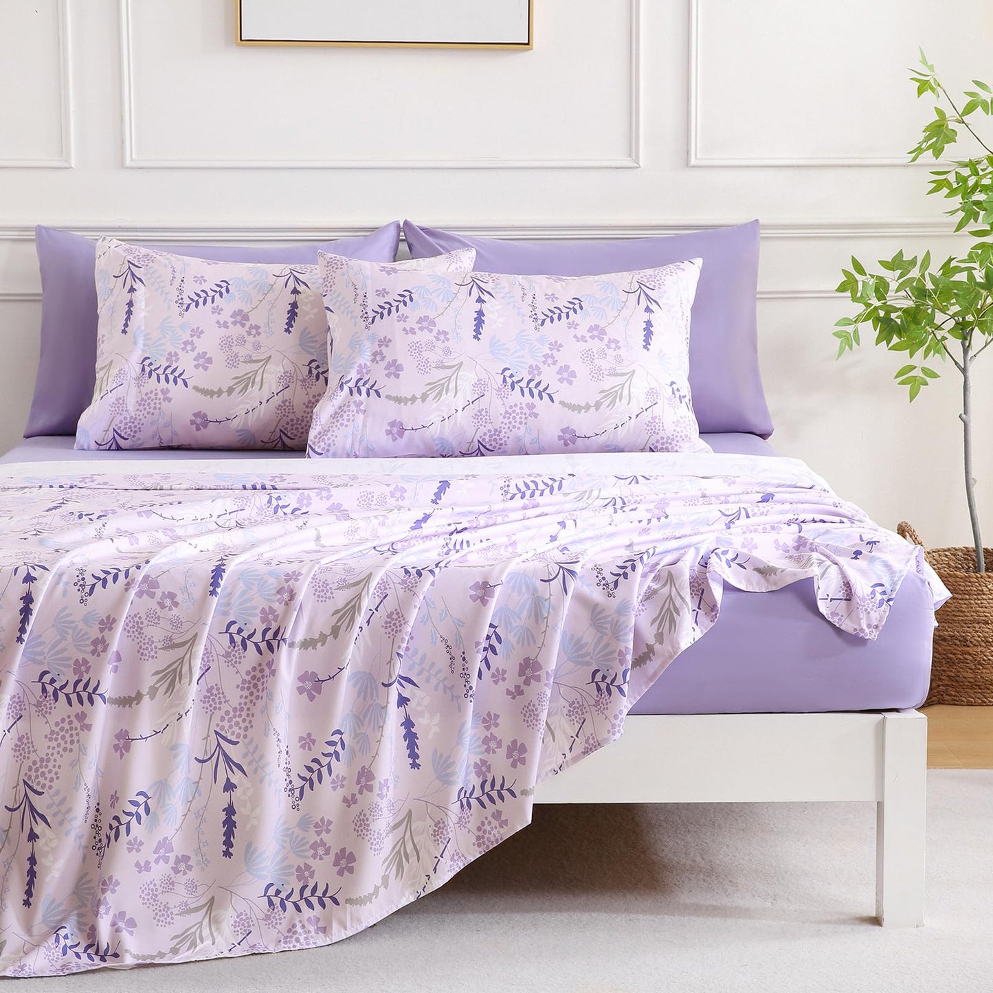 Botanical 6-Piece Full Size Sheets Set, Boho Floral Print Brushed Microfiber Sheets, Cooling Bed Sheet Set, Ultra Soft & Breathable, 16' Deep Pocket Fitted Sheet & Pillowcase Set, Purple Floral