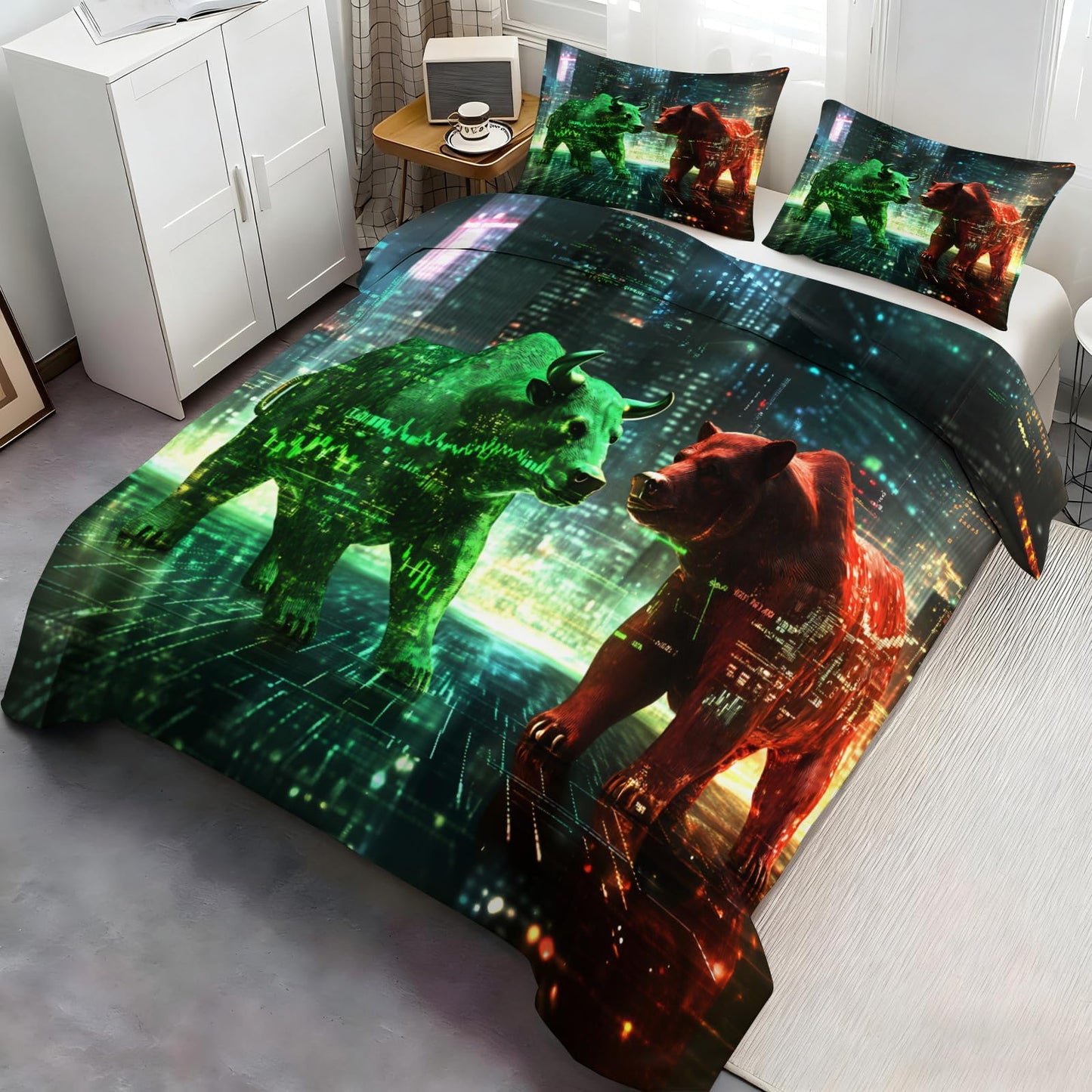 GKPLY Bear Print Bedding Sets King, Red and Green Duvet Cover & Bedroom Decor, Digital Artwork Comforter, Zipper Closure, 2 Pillow Cases, Reversible Print, Technology Bedding Duvet Cover Set