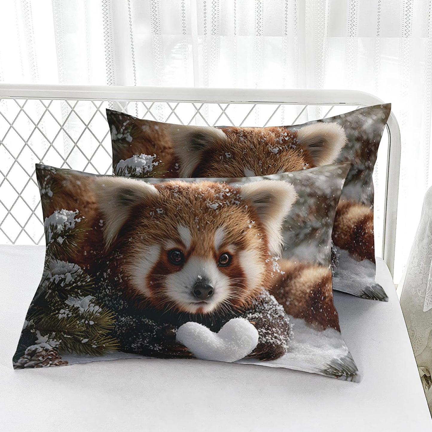 AILONEN Kawaii Red Panda Fitted Sheet Set Full,Lovely Snow Panda Deep Pocket Sheets with 2 Pillowcases,3-Piece Winter Forest Wild Animal Bed Sheet Set for Boys Girls