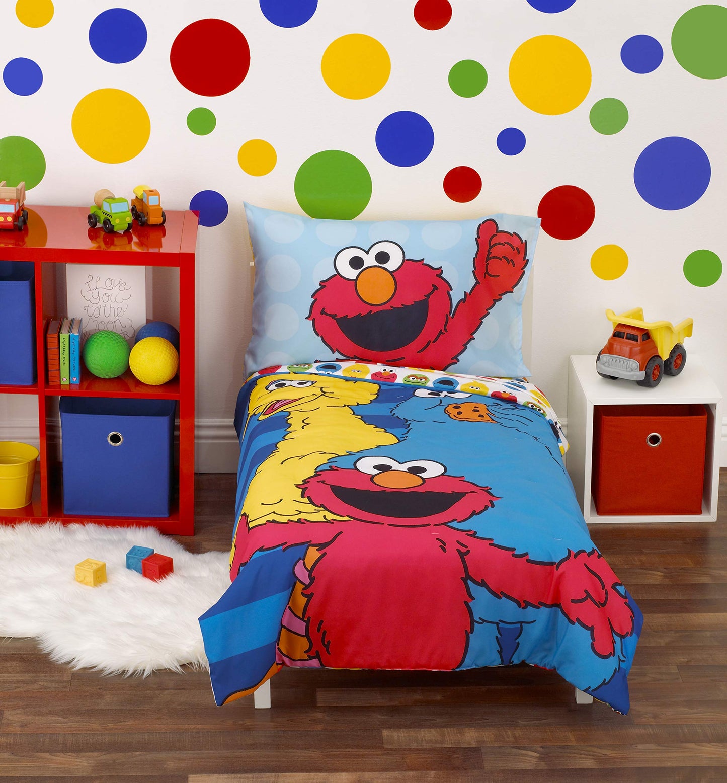 Sesame Street Best Friends Blue, Red, Yellow 4Piece Toddler Bed Set - Comforter, Fitted Bottom Sheet, Flat Top Sheet, Reversible Pillowcase, Blue, Red, Yellow, Green