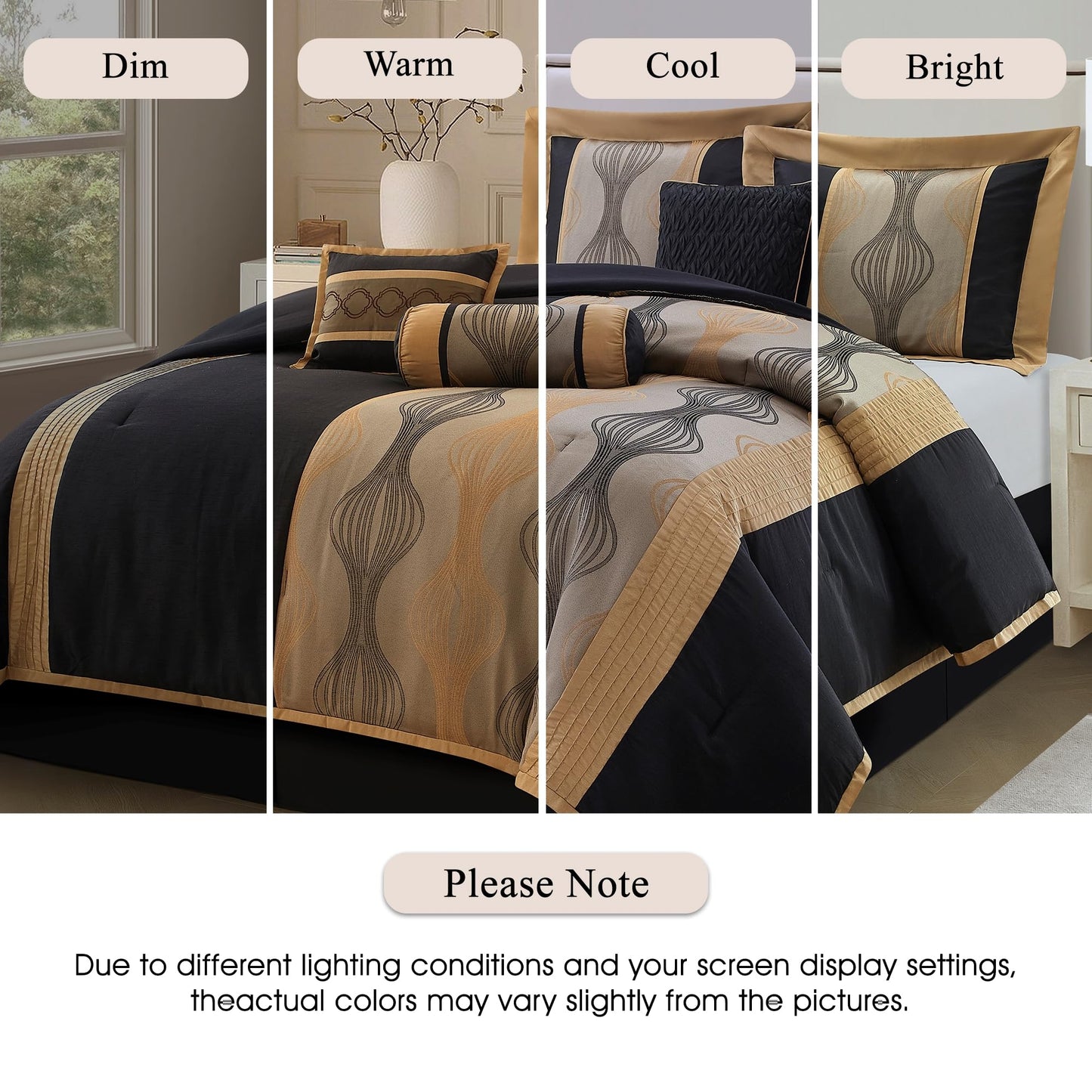 Stratford Park Black and Gold Comforter Set, 7 Pieces Jacquard Bedding Sets with Comforter, Bed Skirt, Pillows & Shams, Queen Size, Lightweight Microfiber, All Season Bedroom Home Décor