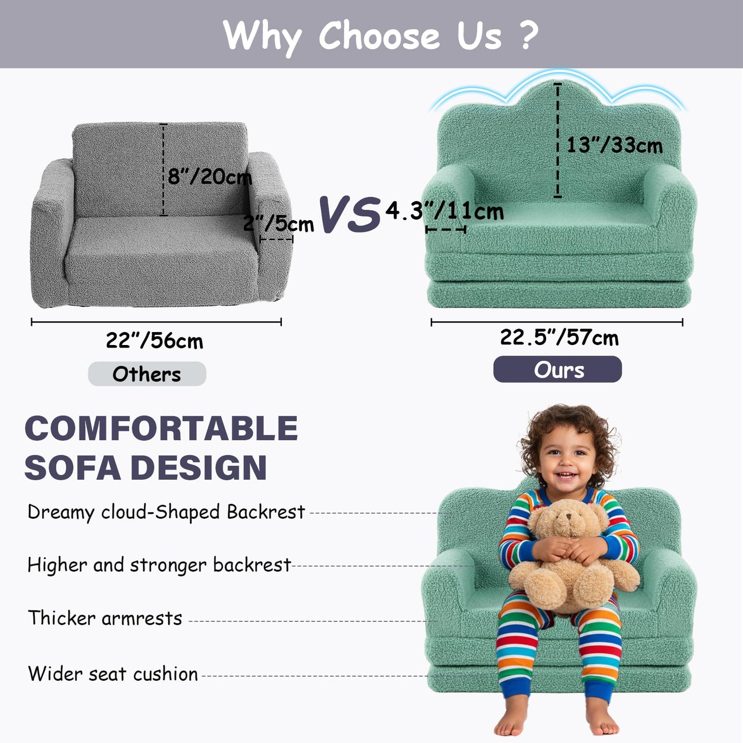 Tiita Kids Sofa, Foldable Nursery Toddler Couch, Childrens Couch with Carry Handle, Portable Toddler Foam Sofa Couch, Lightweight Kids Chair for Playroom, Dorm Room, Small Space, Green