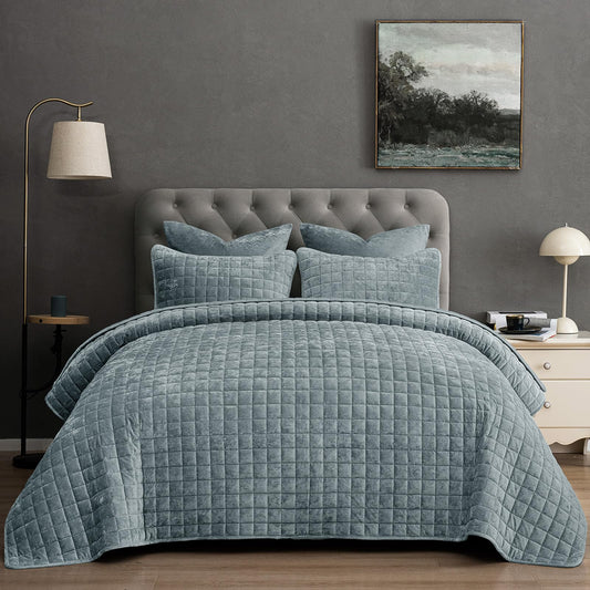 PHF Luxurious Velvet Quilt Set Queen Size – 3PCS Super Soft Quilted Comforter Alternative with Square-Box Quilt Pattern, Warm Quilted Bedspread Coverlet, 90" x 92", Dusty Blue
