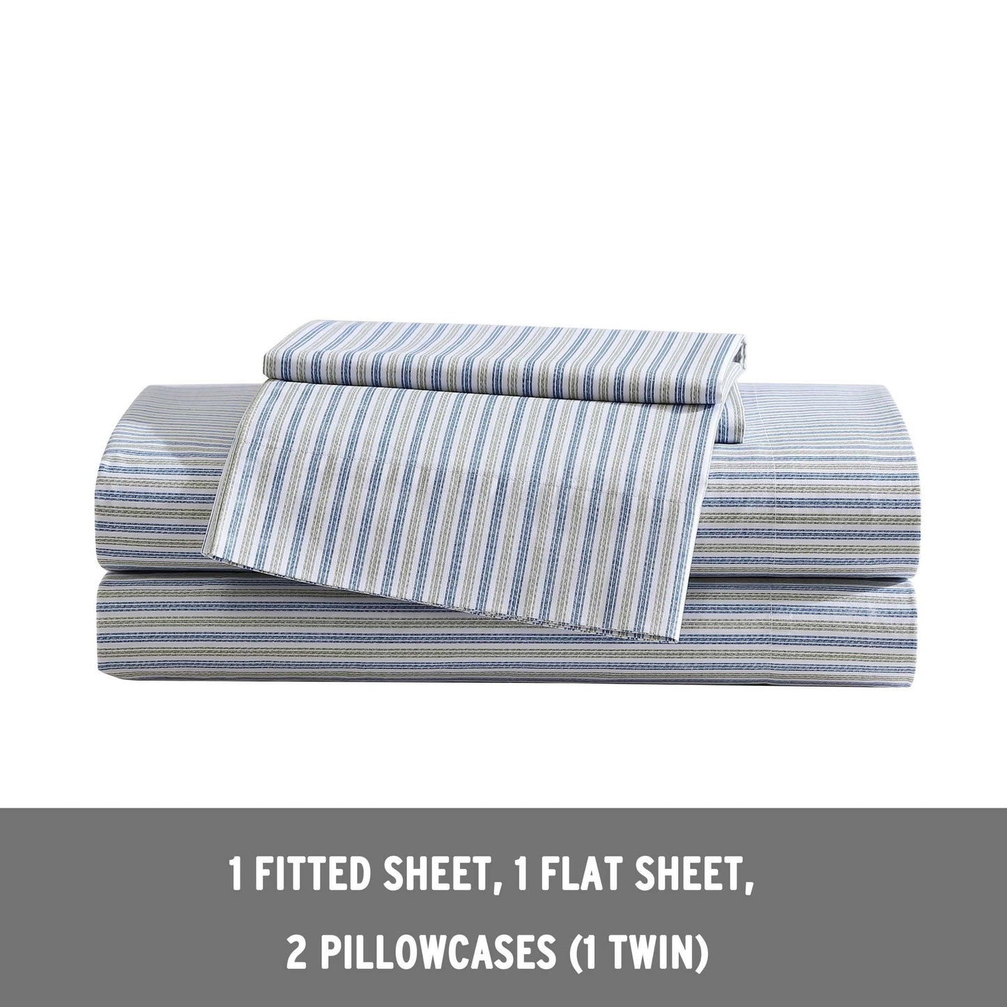 Eddie Bauer - Twin Sheet Set with Fitted Sheet & Pillowcase, 100% Cotton Percale Bedding, Crisp & Cool, Dorm Room Essentials, Ticking Stripe Navy/Green