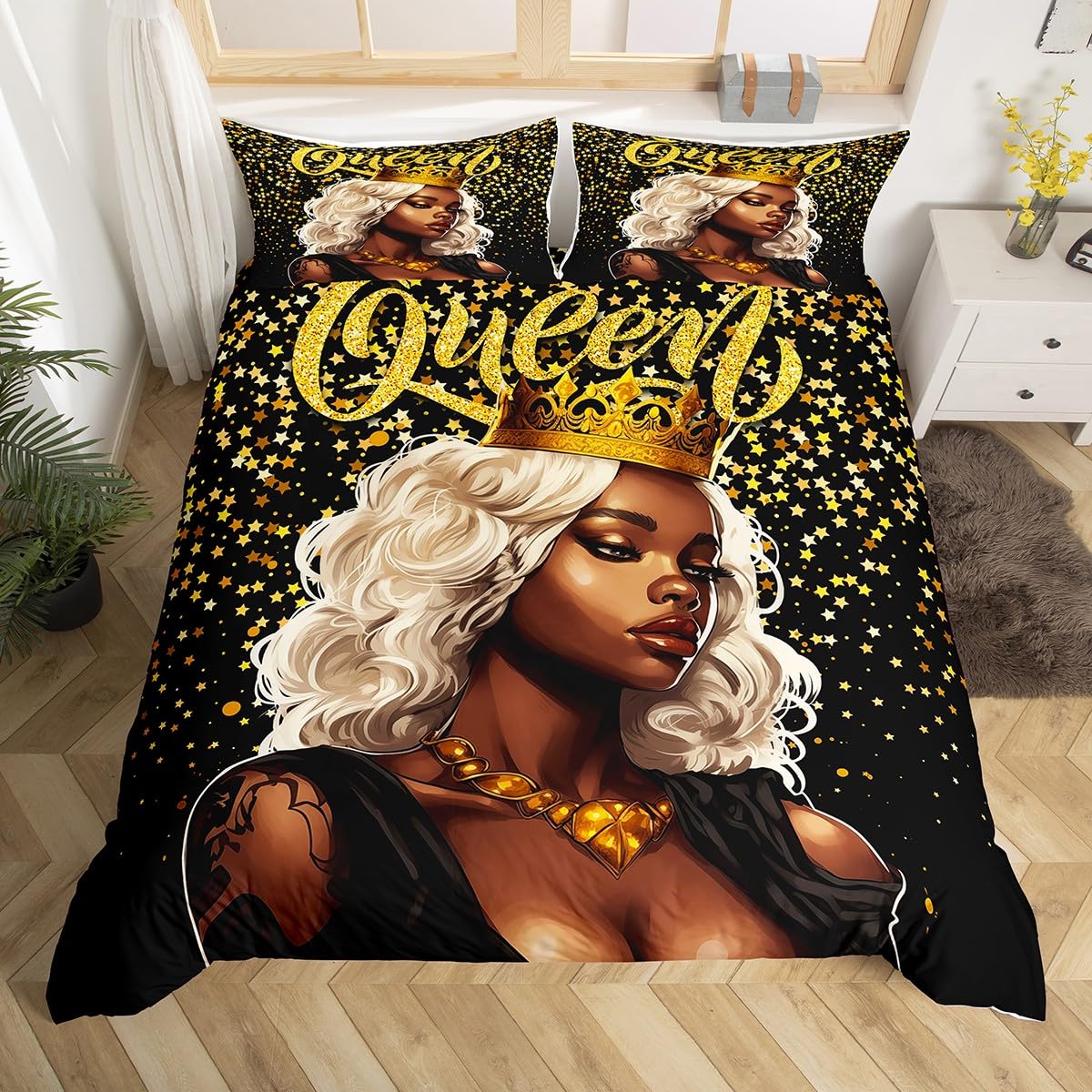Black Girls Duvet Cover Set Queen Size,African Style American Fashion Woman Comforter Cover,Golden Glitter Queen Crown Bedding Set Teens Men Adult Room Decor,Modern Black Quilt Cover,2 Pillowcases