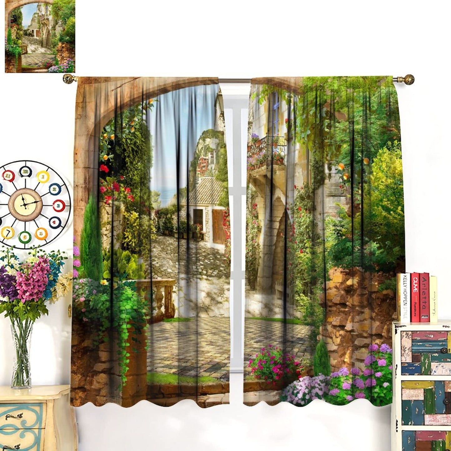 Italy Natural Scenery Curtains,Country Old Stone Arch Garden View Vintage Style Room Darkening Window Drapes for Living Room Bedroom Dining Room W42xL45in