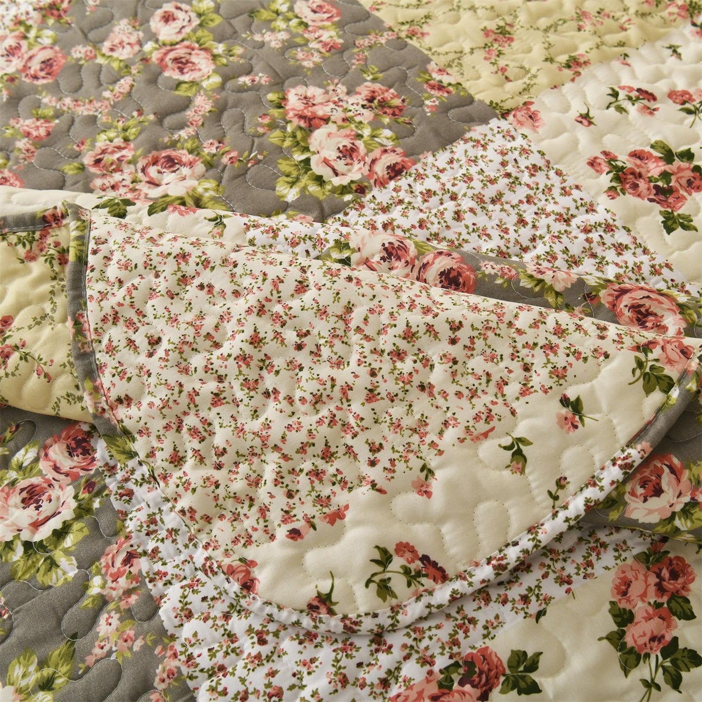 Summer Floral King Quilted Bedspread,Romantic Beige Quilt Set,Reversible Stitched Bedding Cover All Season,Soft Lightweight Coverlet with Pillow Cases (Ivory&Pink, King(102"x90"))