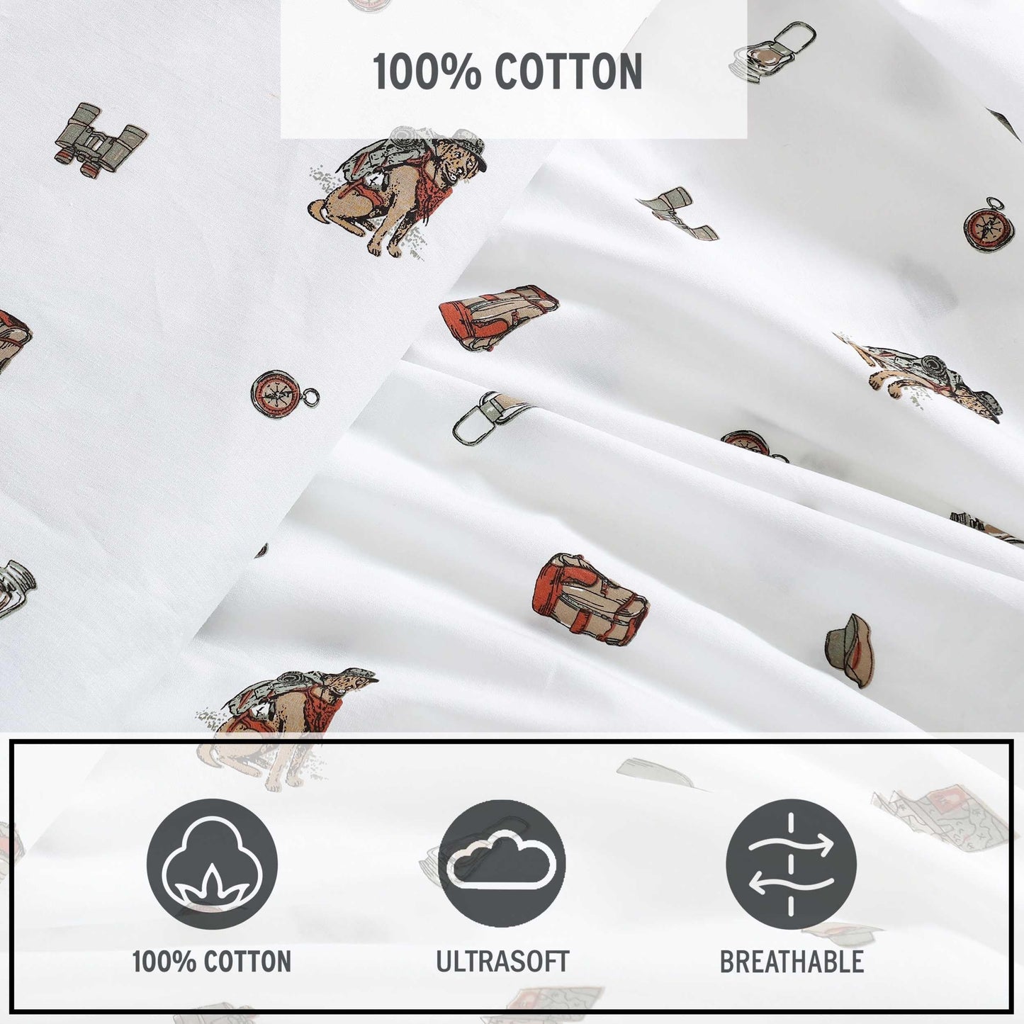 Eddie Bauer - Sheet Set, Luxurious Cotton Percale Bedding with Matching Pillowcase, Crisp & Cool, Fully Elasticized (Buddy Camping Allover White, Twin)