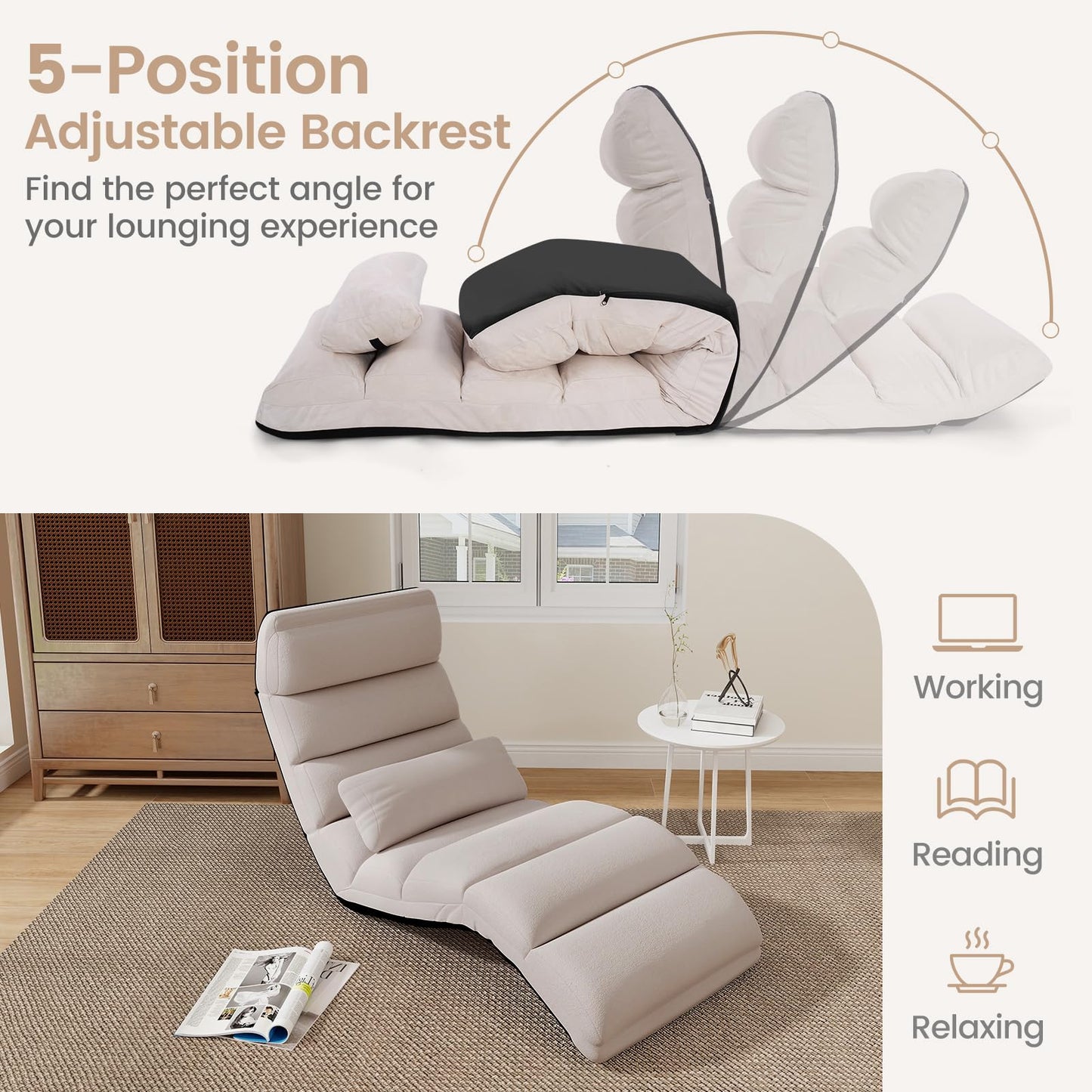 KOMFOTT Foldable Floor Lazy Sofa with Pillow, Indoor Chaise Lounge with 5 Adjustable Positions, Adjustable Back Support & Footrest, Video Gaming Chair for Home, Office, Reading, Watching (Beige)
