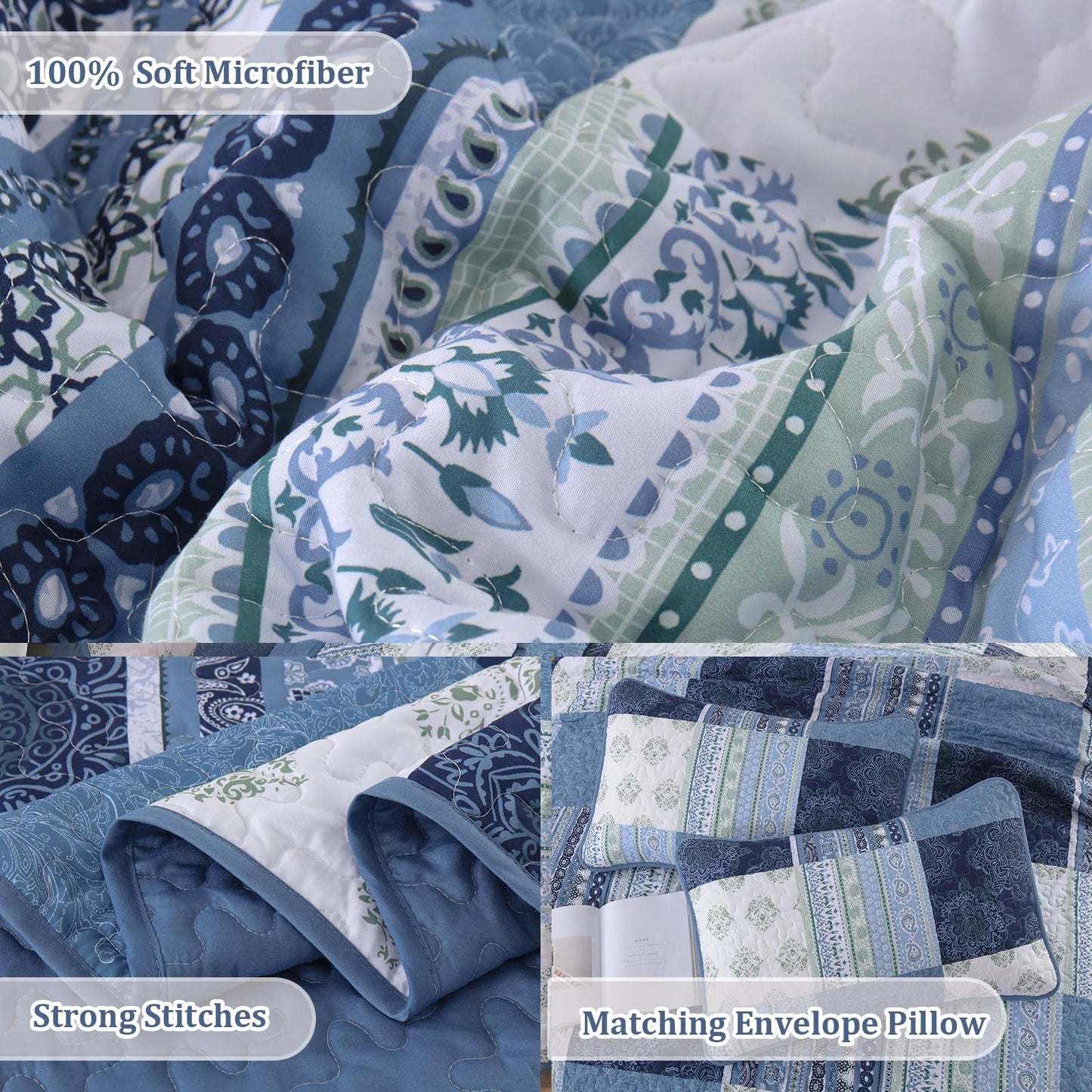 Dintszyayue Blue Patchwork Quilt Set Queen Size,3 Pieces Boho Bedspread Coverlet Set Plaid Bohemian Quilt Bedding Set Reversible Bed Cover Soft Lightweight Coverlet Set (Queen,96"x90")