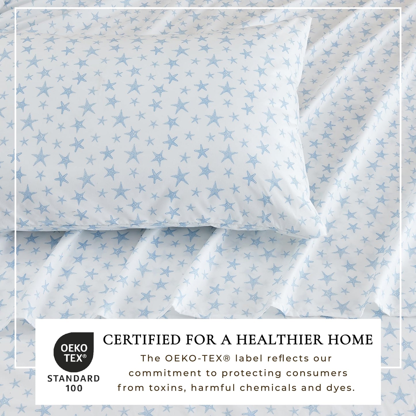 Great Bay Home Twin Coastal Microfiber Sheet Set - 3-Piece Nautical-Printed, Ultra-Soft Sheets - Beach-Themed Bedding Sheets & Pillowcases (Starfish - Blue)